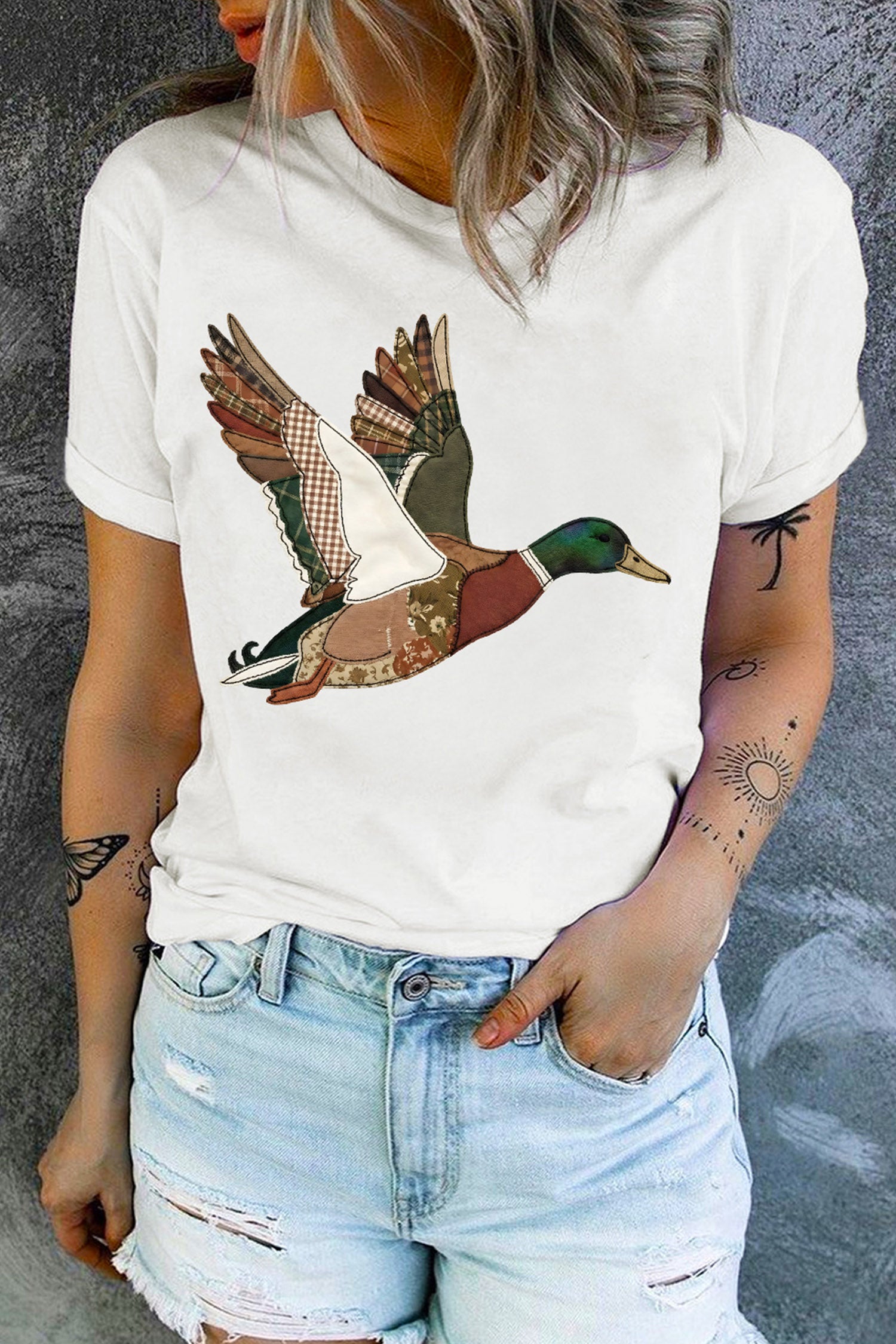 White Flying Mallard Faux Patchwork Printed T Shirt