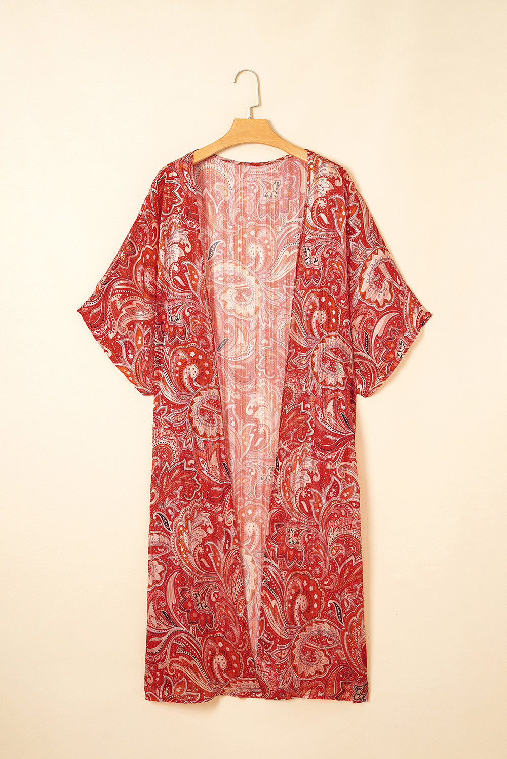 Red Floral Print Side Slit Open Front Long Kimono
