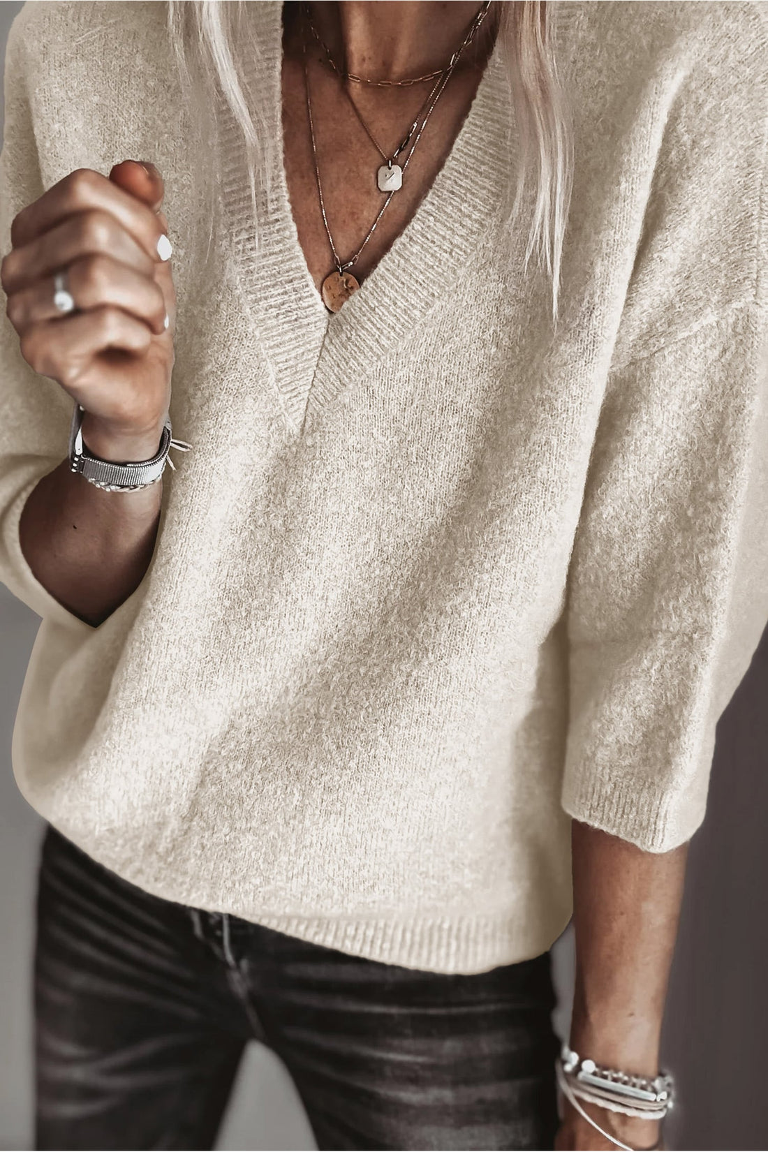 Oatmeal V Neck Three Quarter Sleeve Casual Sweater