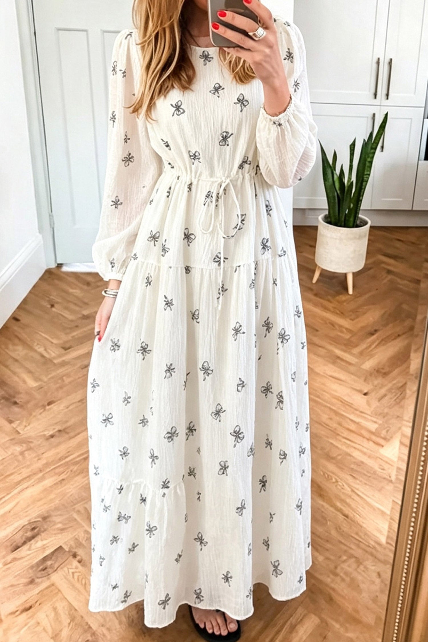 White Bow Pattern Long Sleeve Maxi Dress