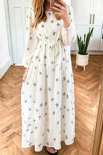 White Bow Pattern Long Sleeve Maxi Dress