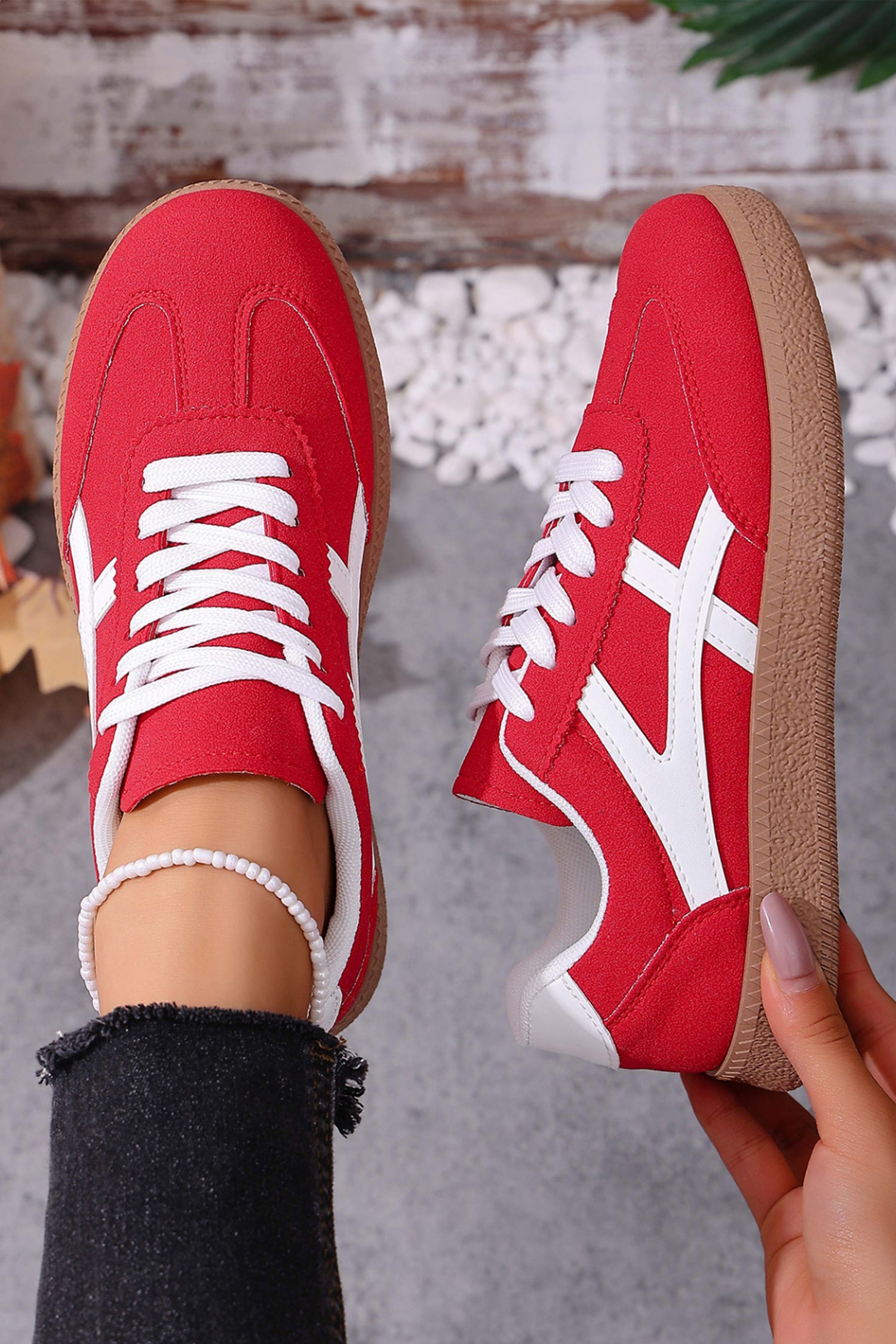 Racing Red Faux Suede Contrast Patchwork Detail Lace Up Flat Sneakers