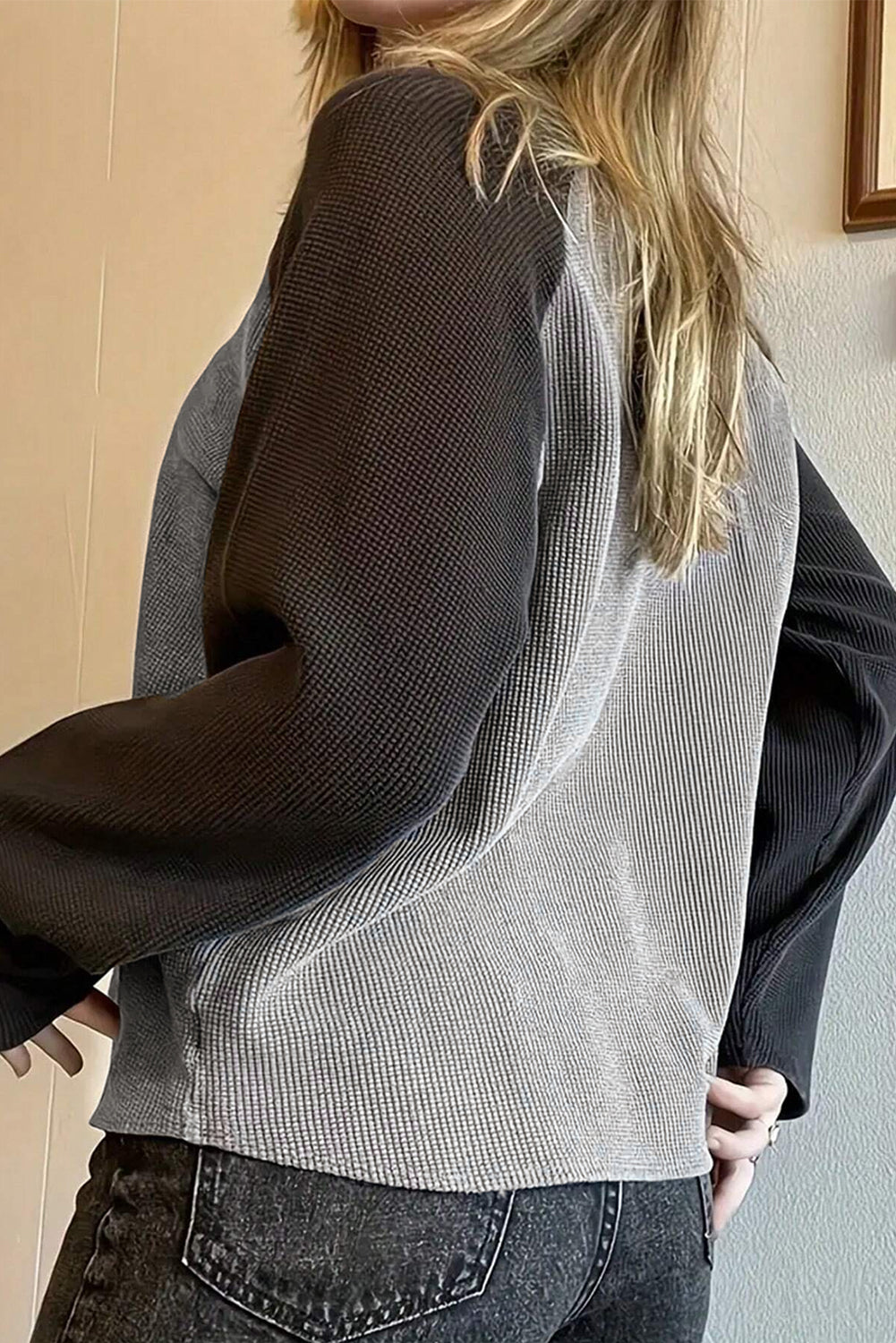 Gray Waffle Knit Colorblock Star Patch Graphic Raglan Top