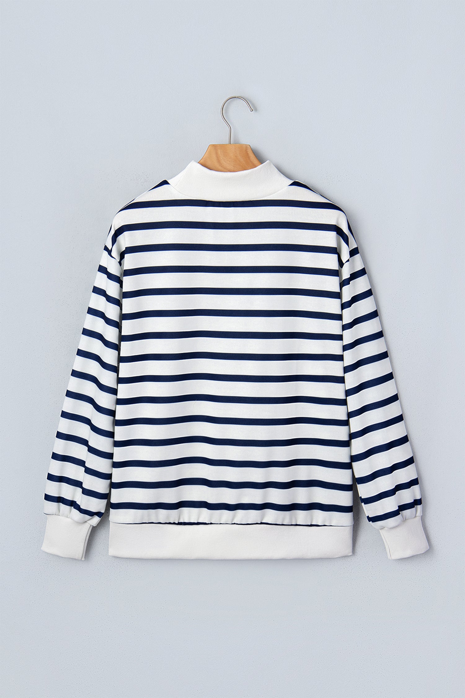 Blue Stripe Striped Stand Neck Long Sleeve Ribbed Cuff Hem Sweatshirt