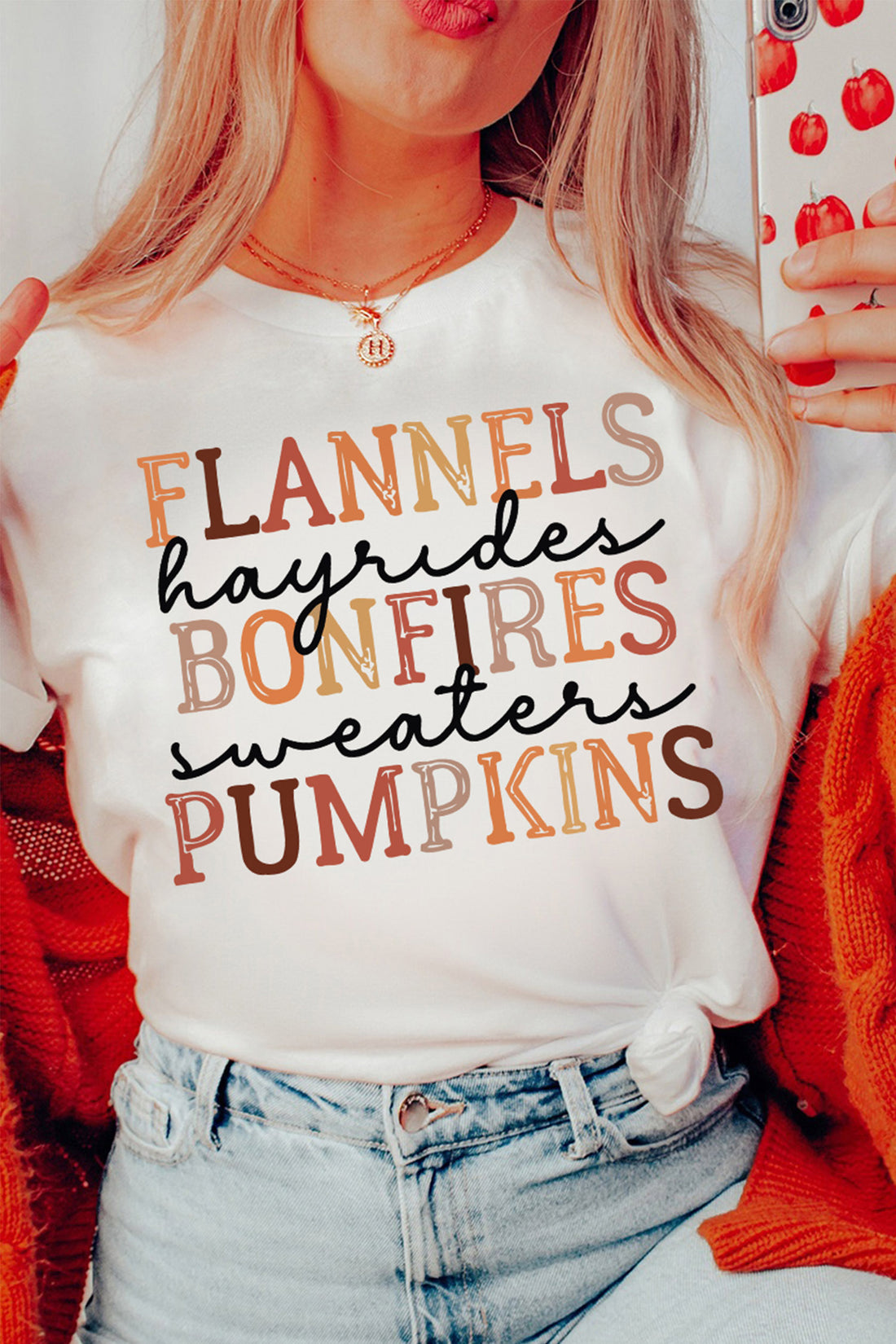 White FLANNELS BONFIRES PUMPKIN Letter Print Thanksgiving T-Shirt
