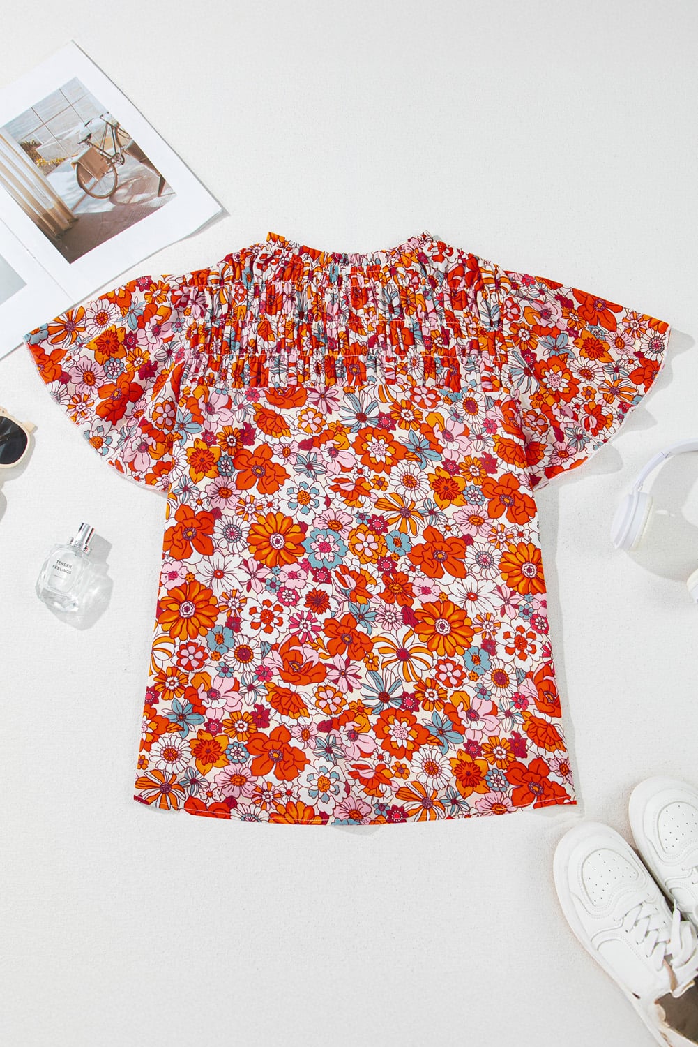 Orange Floral Print V Neck Pleated Ruffle Short Sleeve Blouse