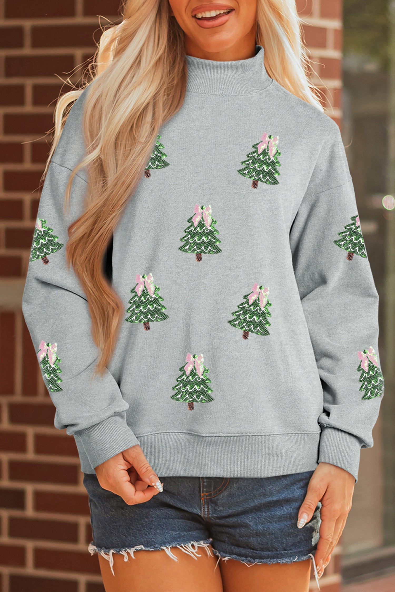 Gray Sequin Christmas Tree Graphic Mock Neck Baggy Pullover Sweatshirt