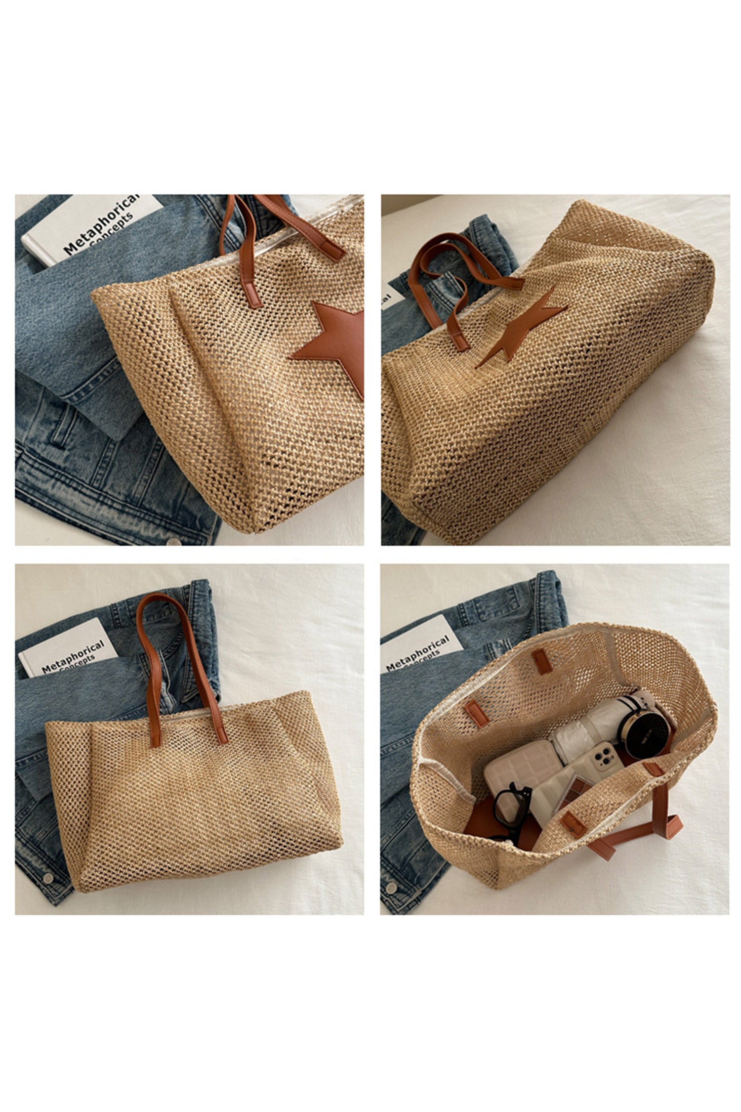 Parchment Boho Straw Woven Contrast Leather Star Detail Tote Bag