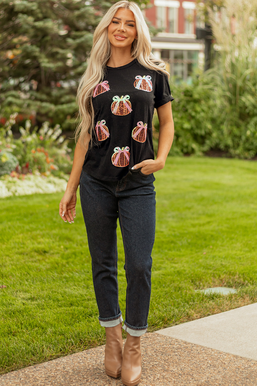 Black Sequin Bow Pumpkin Patched Cotton Blend T Shirt