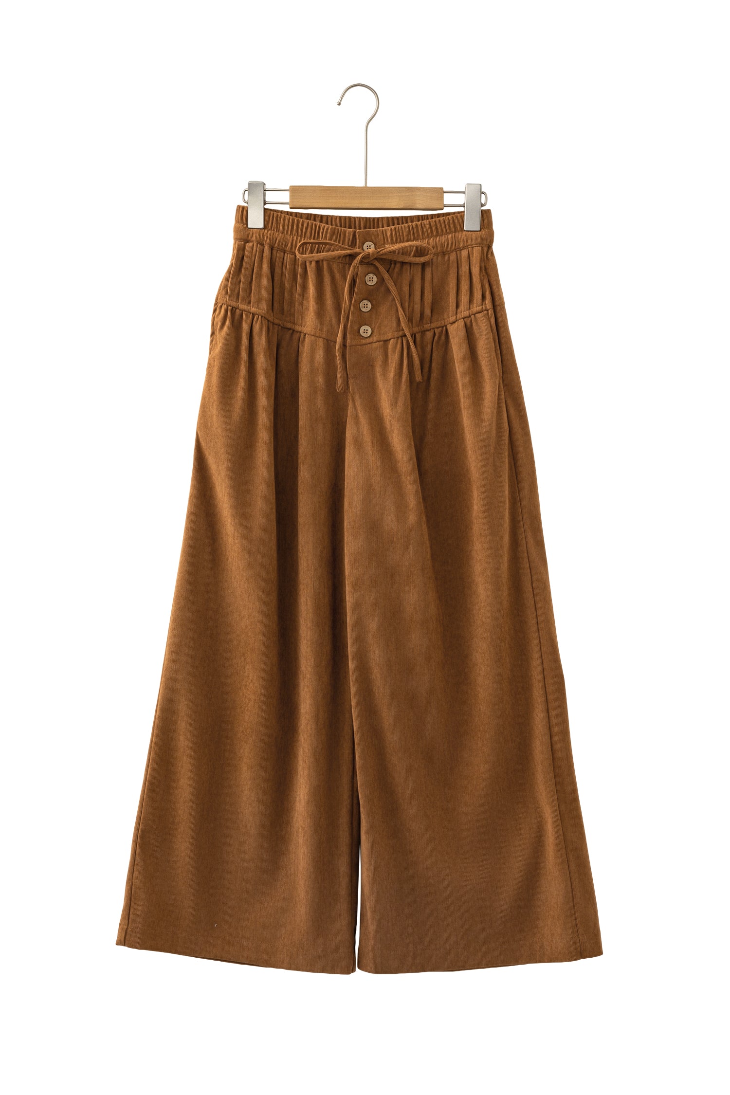 Thai Curry Elastic Waist Wooden Button Placket Ankle Length Wide Leg Pants