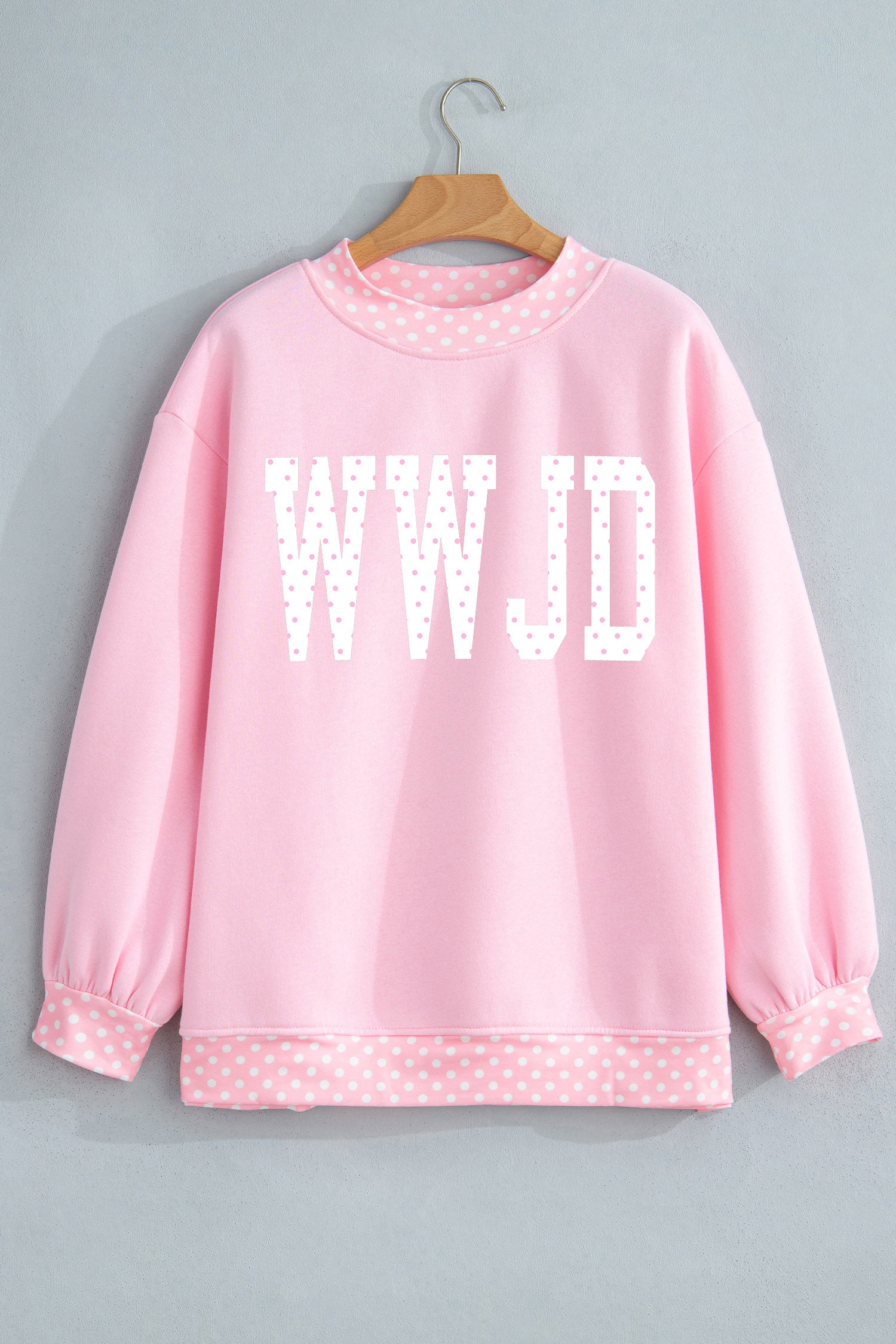 Pink Polka Dot Letter Print Mock Neck Pullover Sweatshirt