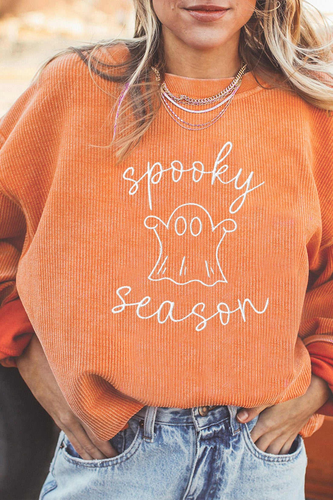 Orange Spooky Season Embroidered Letter Graphic Corded Sweatshirt