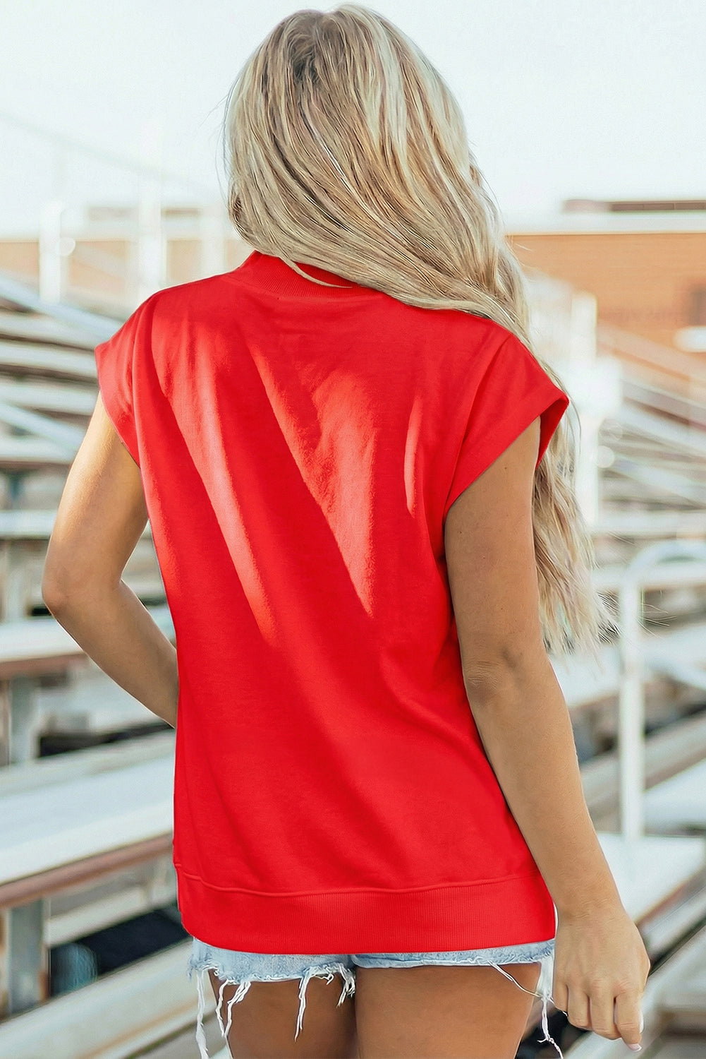 Racing Red Soccer Sequin High Neck Cap Sleeve Gameday T-Shirt