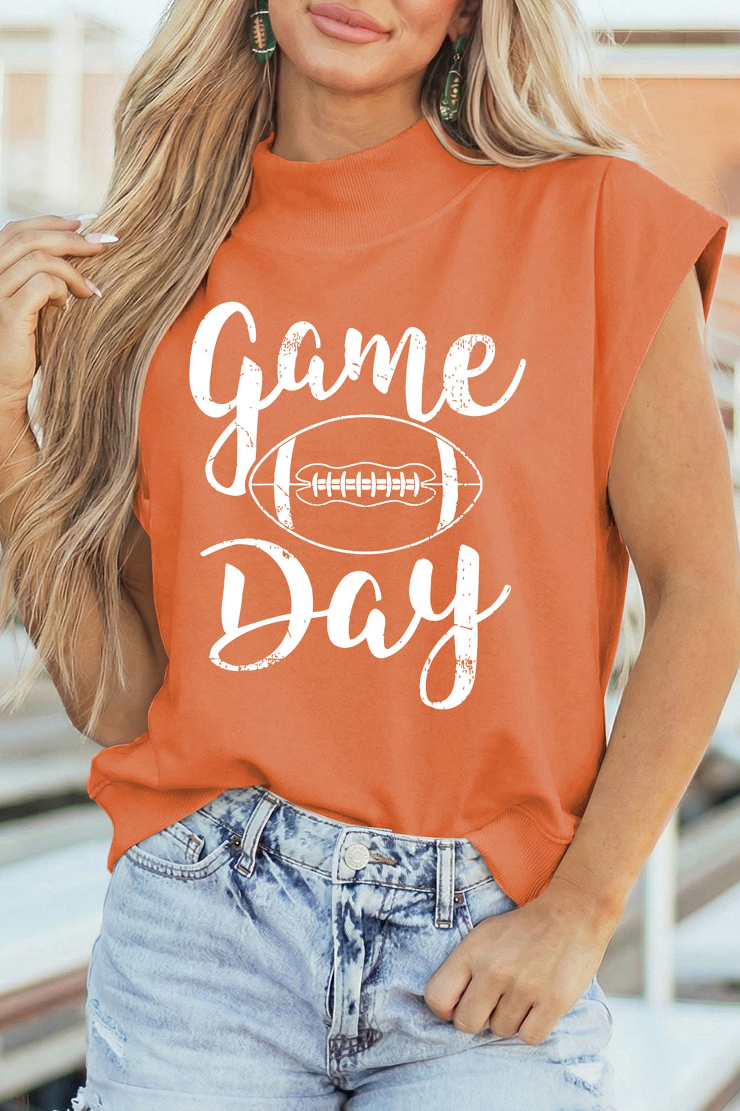 Orange Game Day Rugby Graphic High Neck Short Sleeve Tunic Top