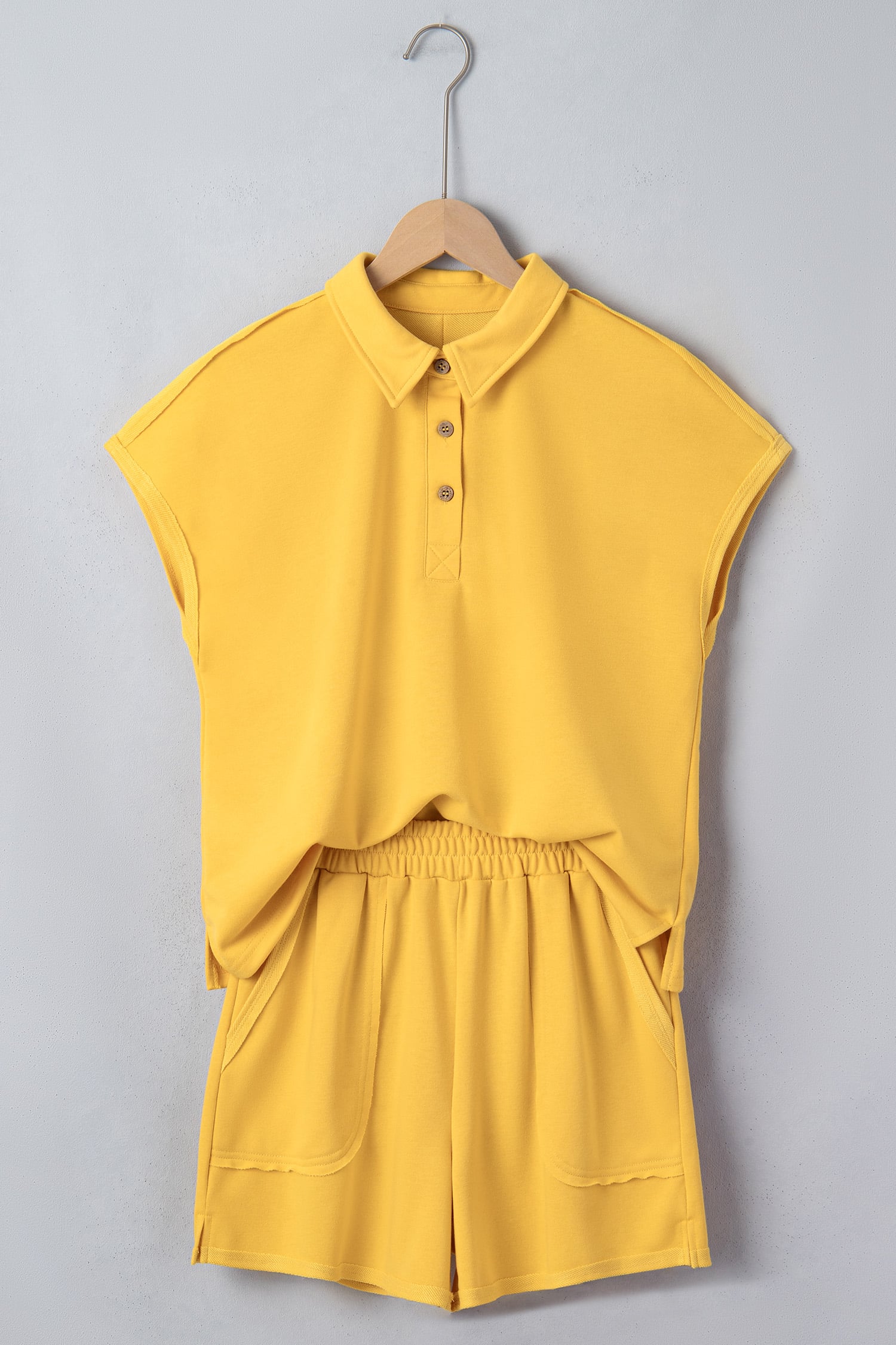 Banana Cream Loose Polo Tee Elastic Waist 2pcs Short Set