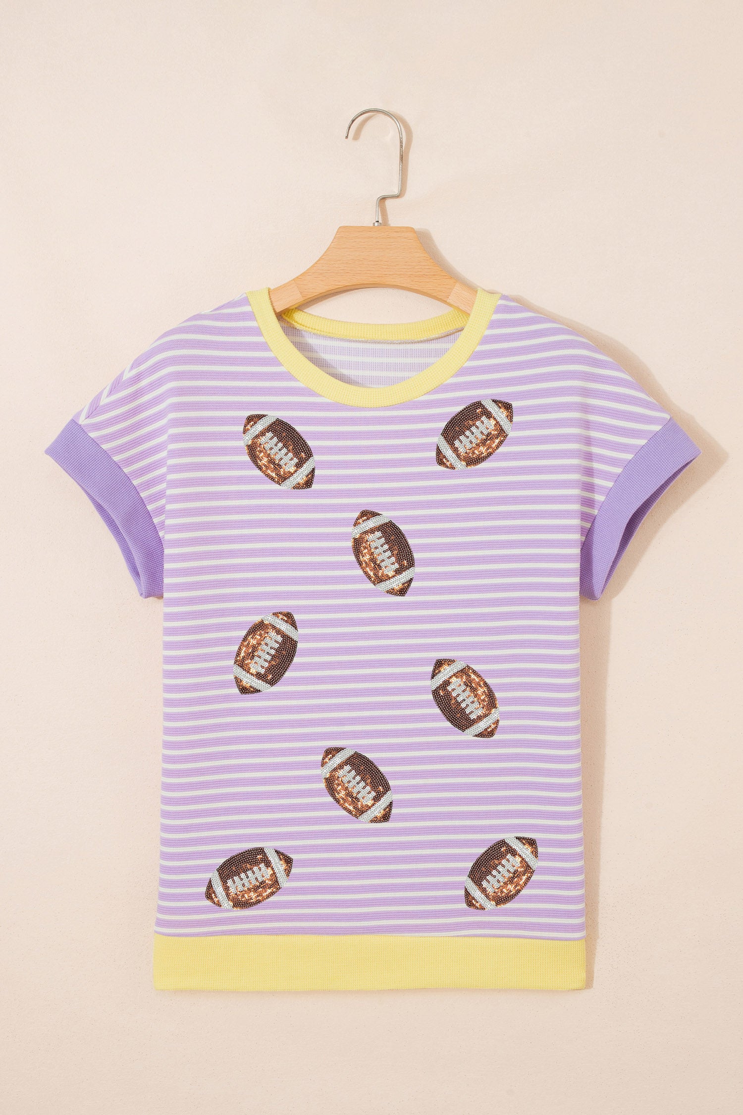 Purple Stripe Color Block Trim Sequin Rugby Graphic Casual T Shirt