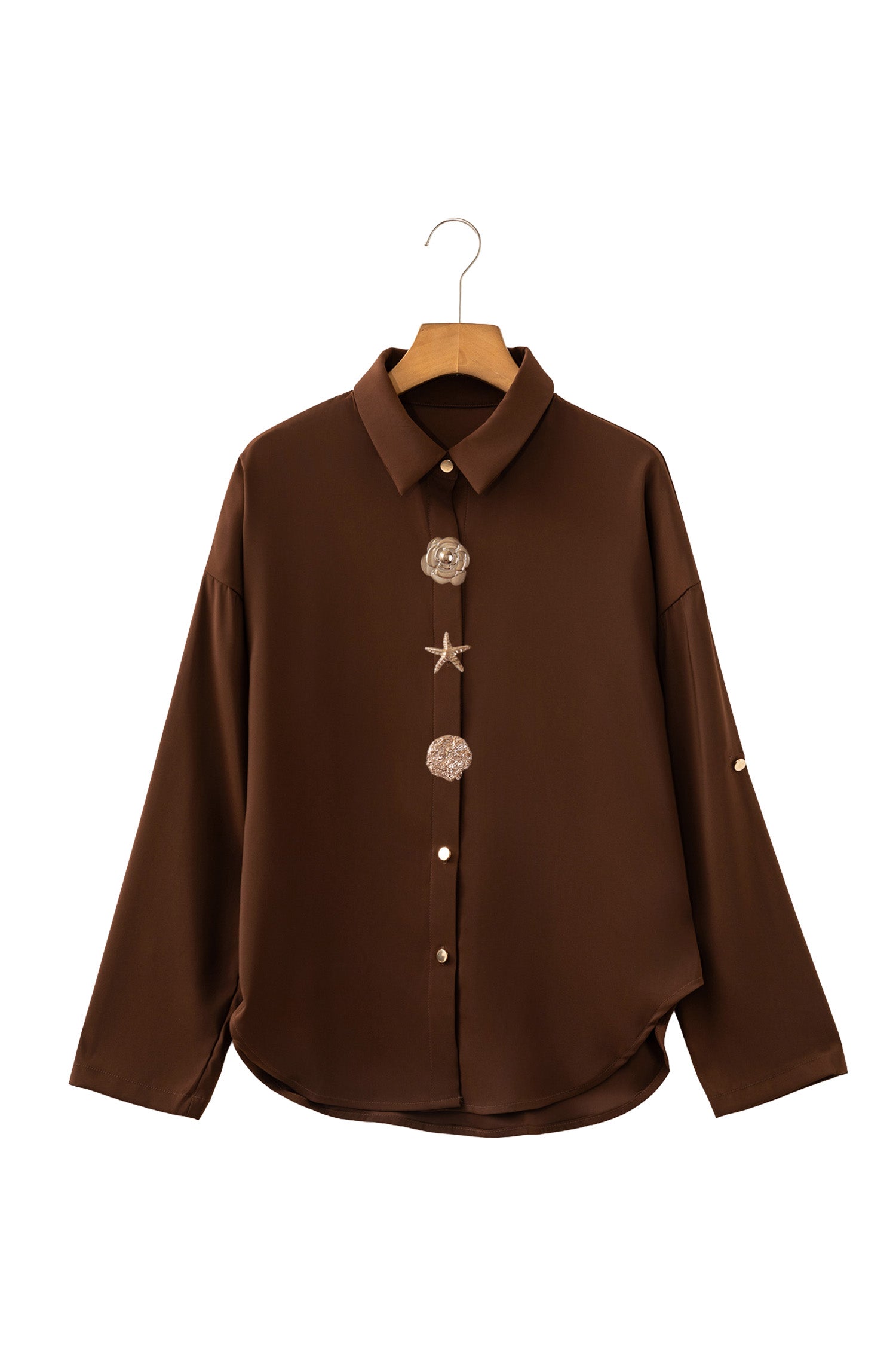 Coffee Multi Button Decoration Tab Long Sleeve Casual Shirt