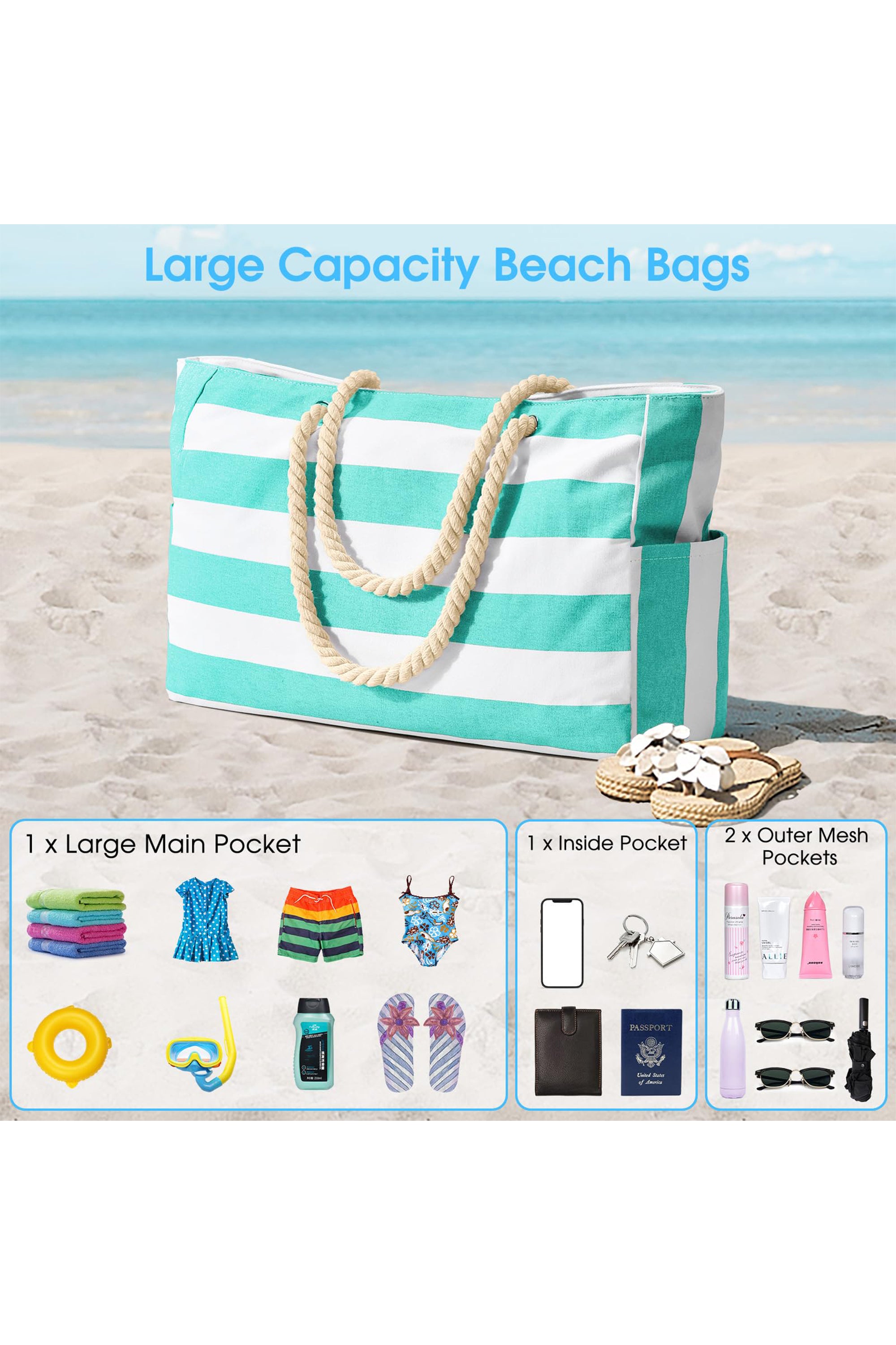 Light Blue Striped Waterproof Canvas Large Capacity Tote Bag