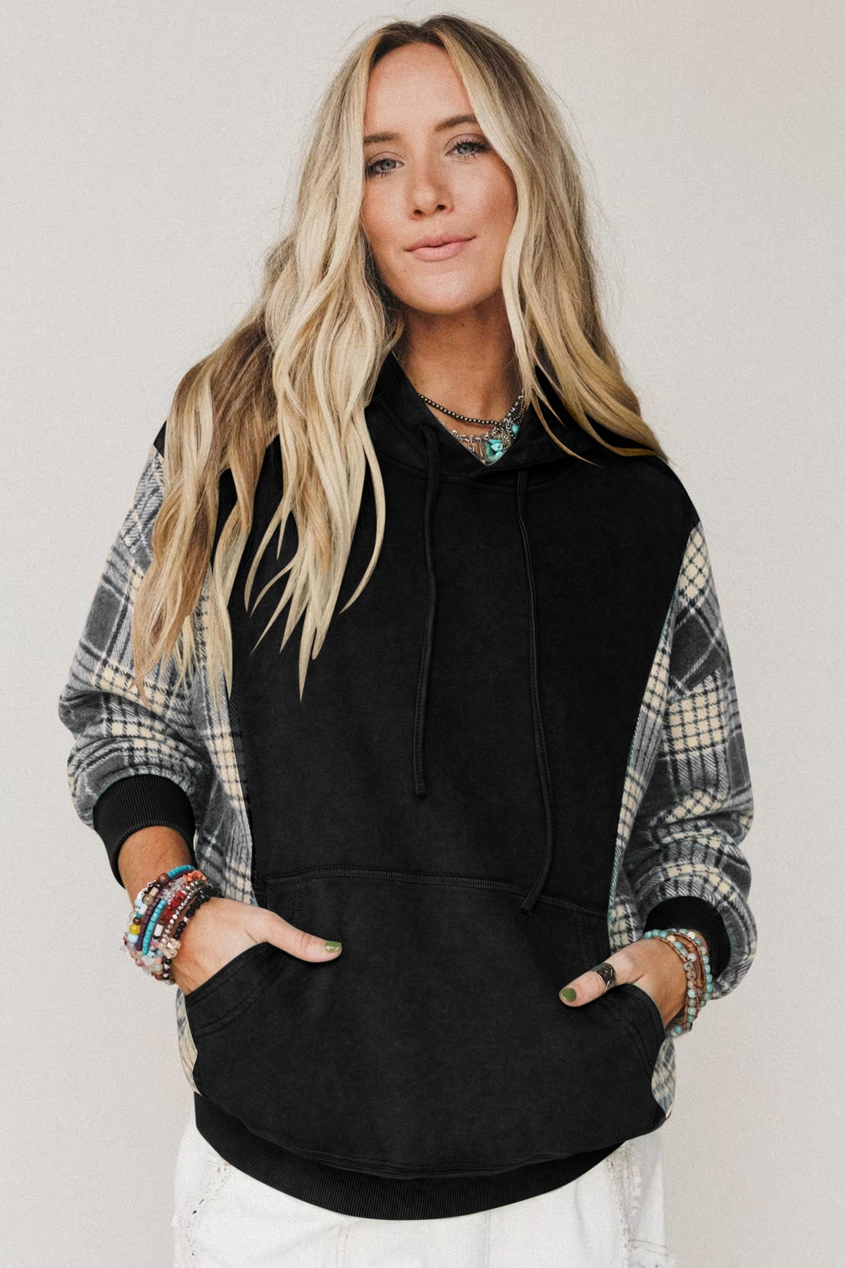 Black Plaid Sleeve Drawstring Pocket Hooded Sweatshirt