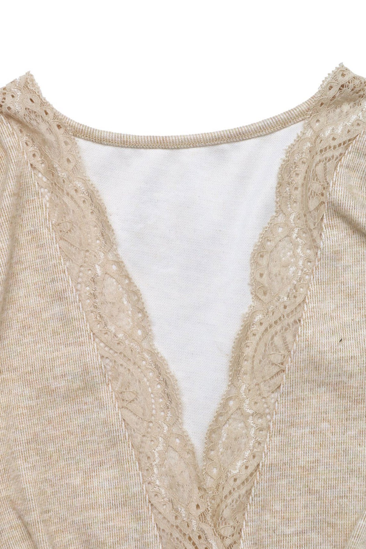 Apricot Scalloped V Neck Lace Sleeve Patchwork Elegant Bodysuit