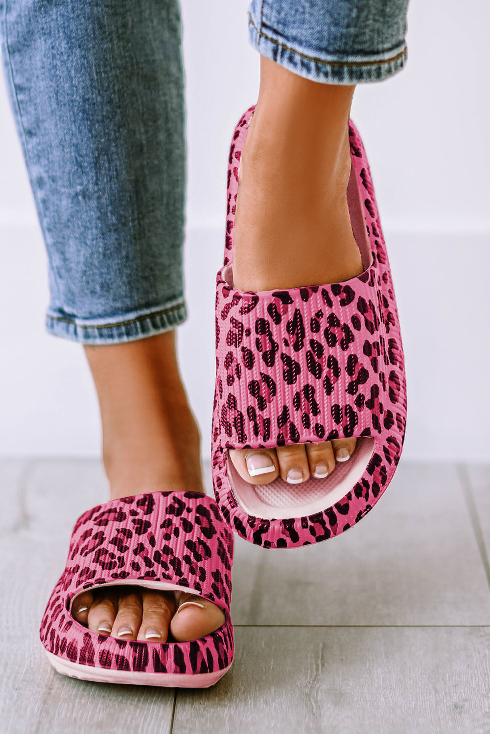 Rose Leopard Print Thick Sole Slip On Slippers