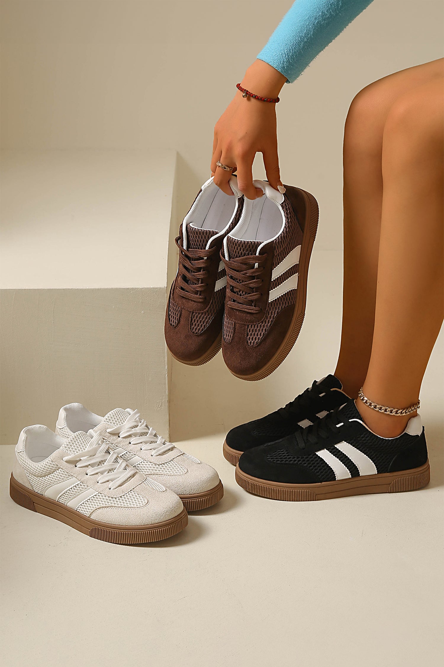Brown Breathable Mesh Patchwork Lace Up Flat Shoes