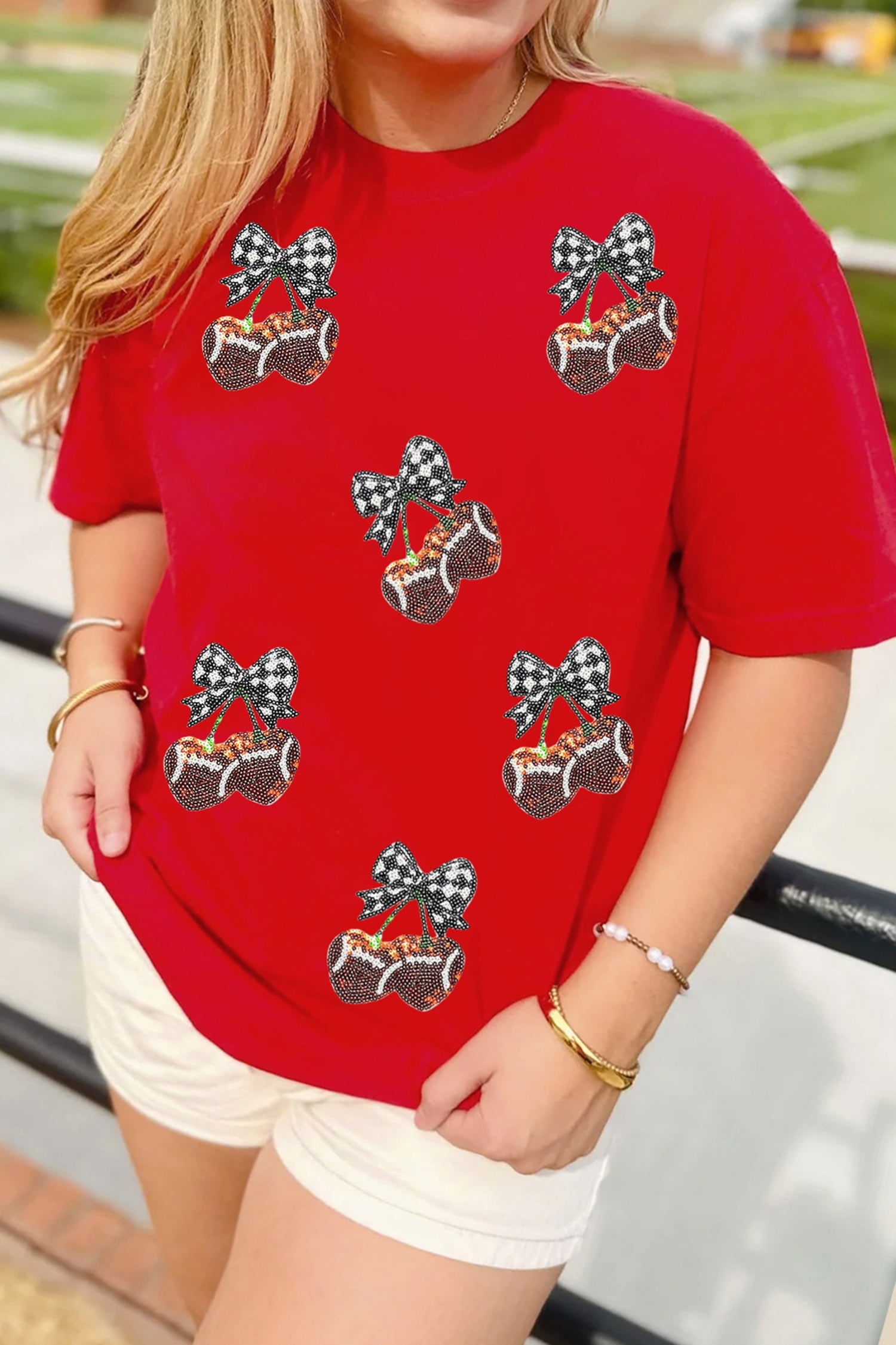Red Sequined Cherry Bow Short Sleeve Round Neck T Shirt