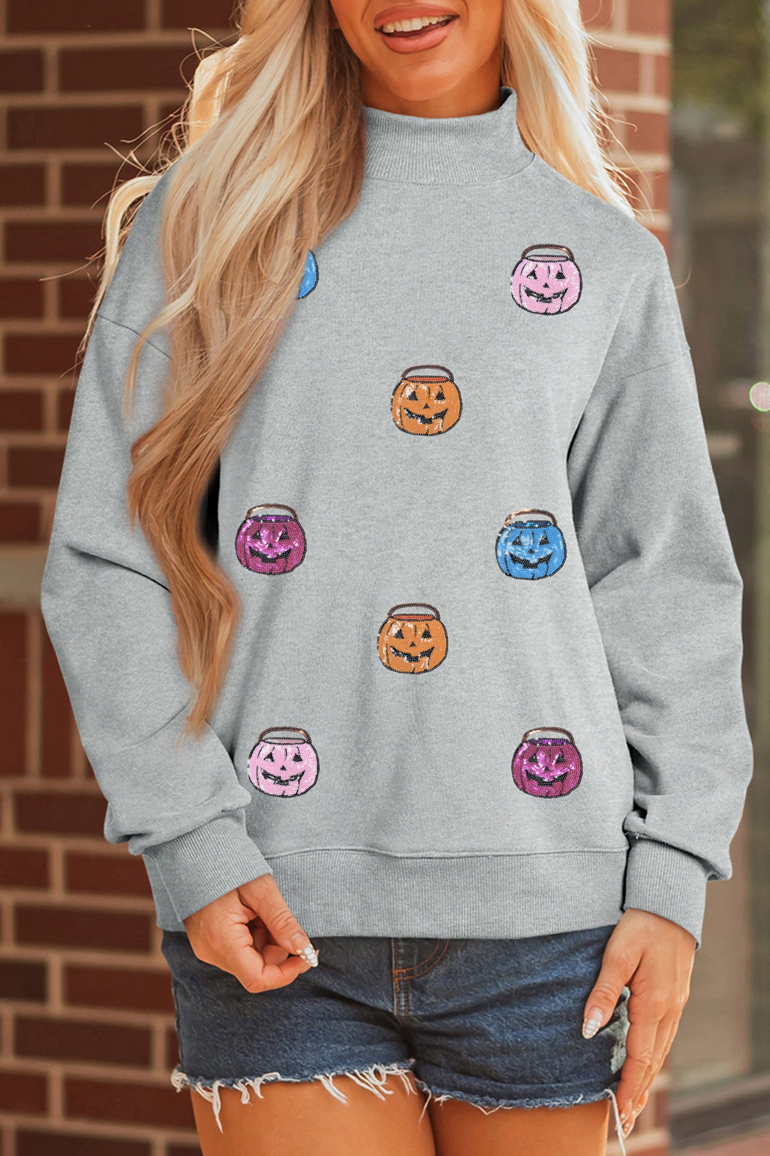 Gray Sequin Halloween Pumpkin Face Mock Neck Sweatshirt