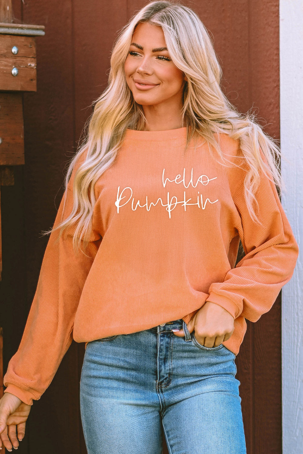 Orange hello pumpkin Letter Embroidered 3D Ribbed Texture Baggy Sweatshirt