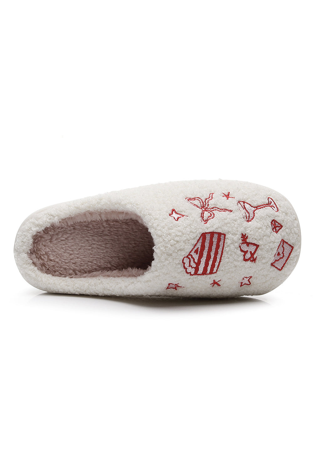 Fiery Red Plush Asymmetric Wedding Doodles Embroidered Slippers