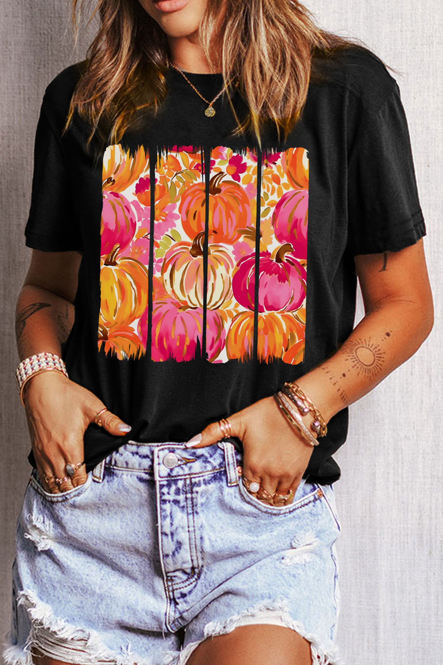 Black Vibrant Pumpkin Print Relaxed T Shirt