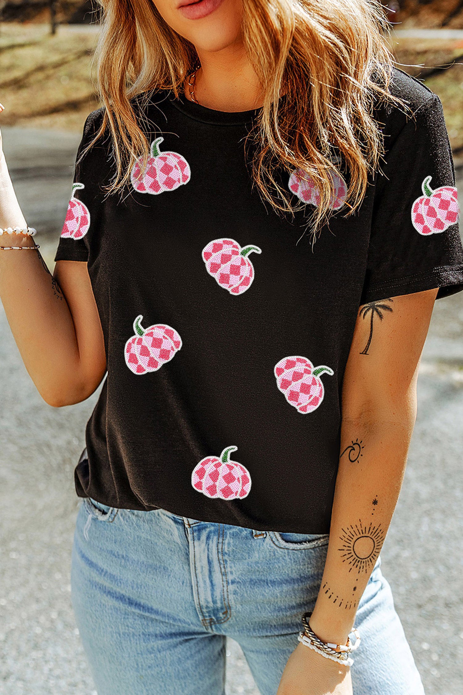 Black Sequin Plaid Pumpkin Graphic Round Neck T Shirt