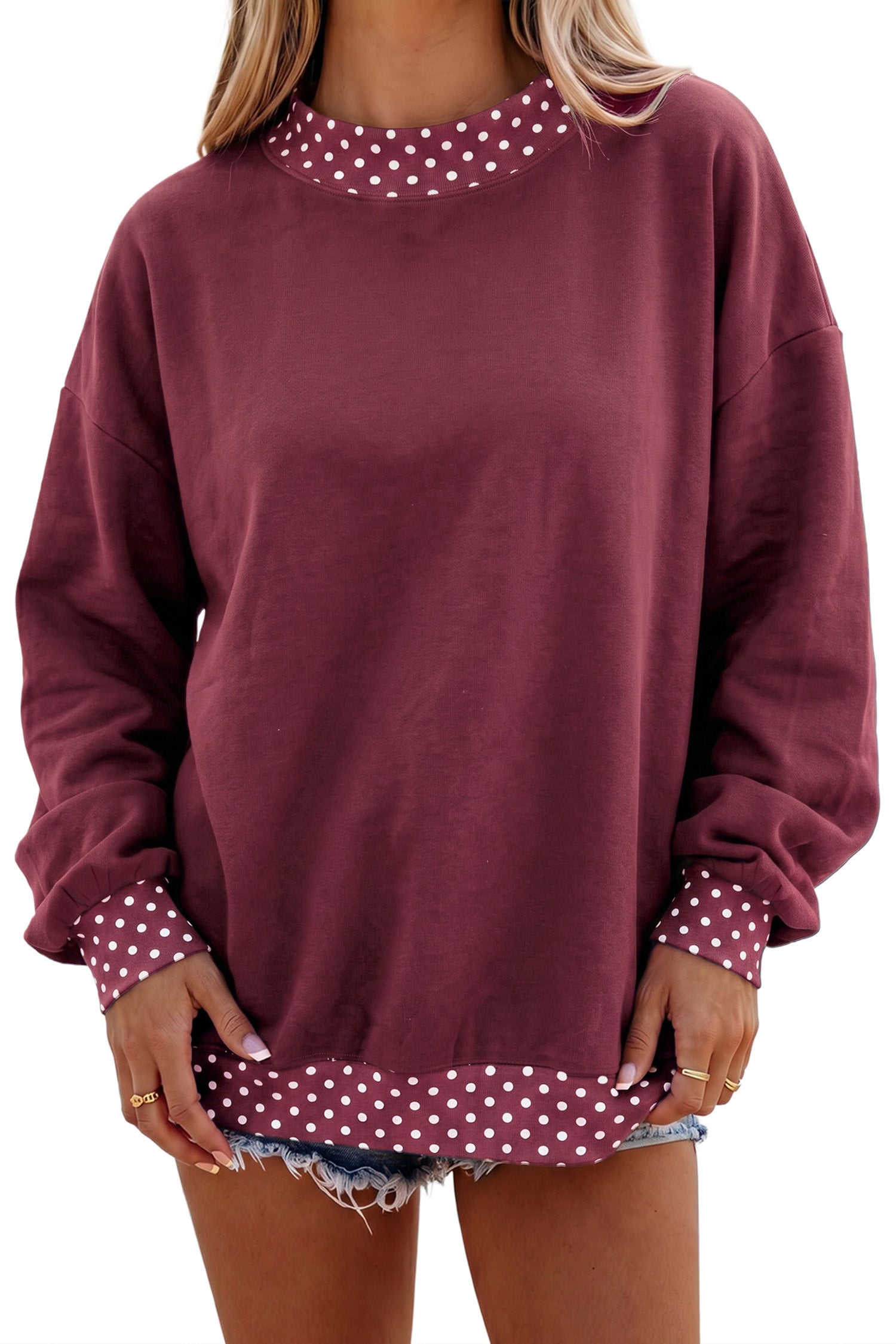 Burgundy Colorblock Polka Dot Contrast Trim Oversized Sweatshirt