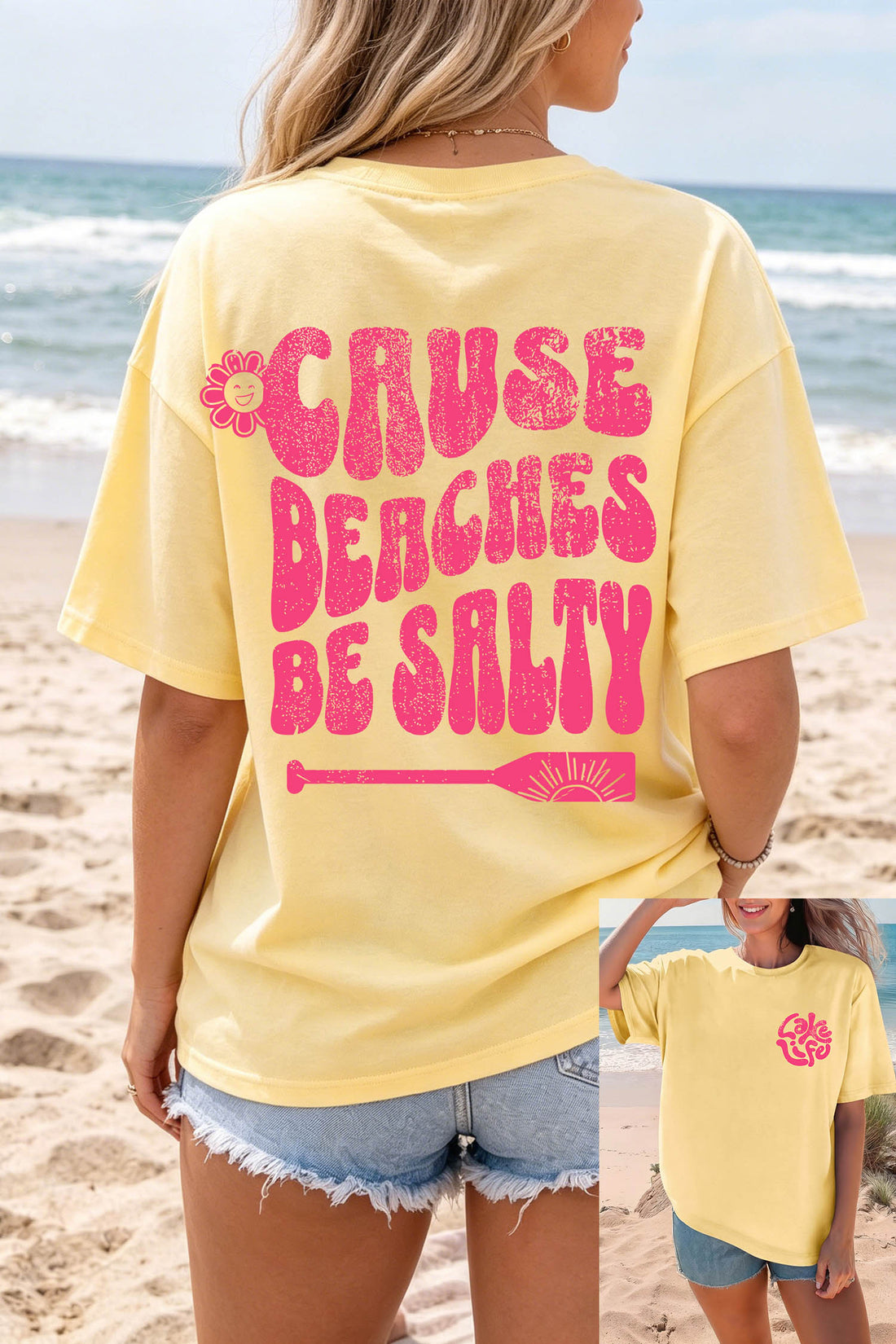 Yellow Cream Casual Round Neck Short Sleeve Slogan Print Loose Fit T-shirt