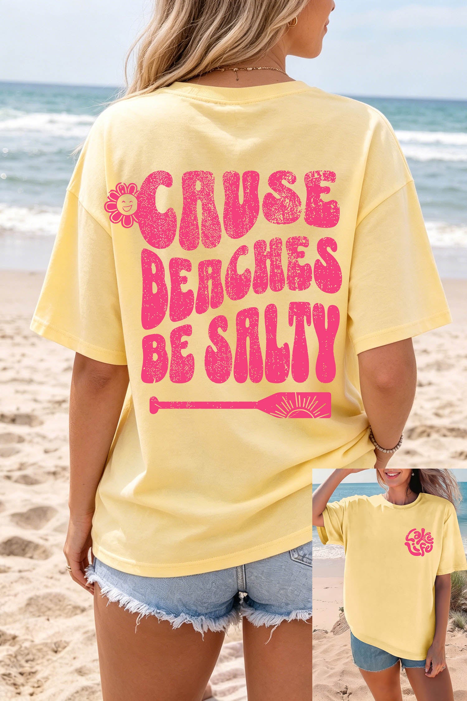 Yellow Cream Casual Round Neck Short Sleeve Slogan Print Loose Fit T-shirt