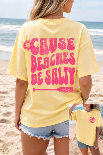 Yellow Cream Casual Round Neck Short Sleeve Slogan Print Loose Fit T-shirt