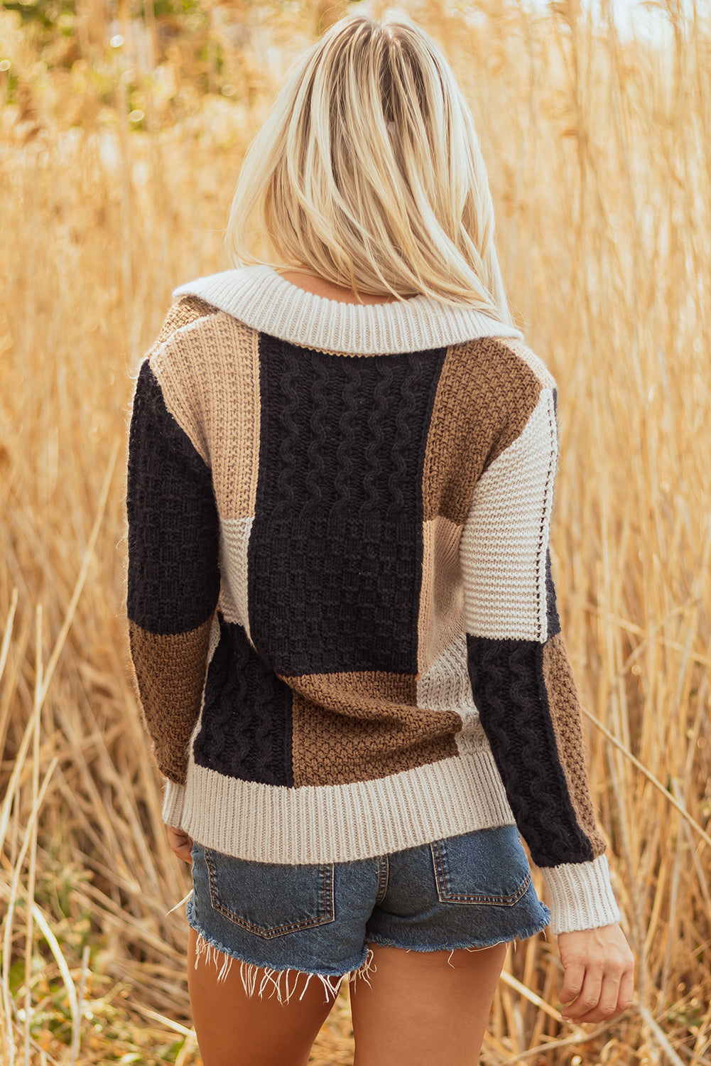 Multicolour Color Block Cable Knit Sleeve Buttons Collared Sweater