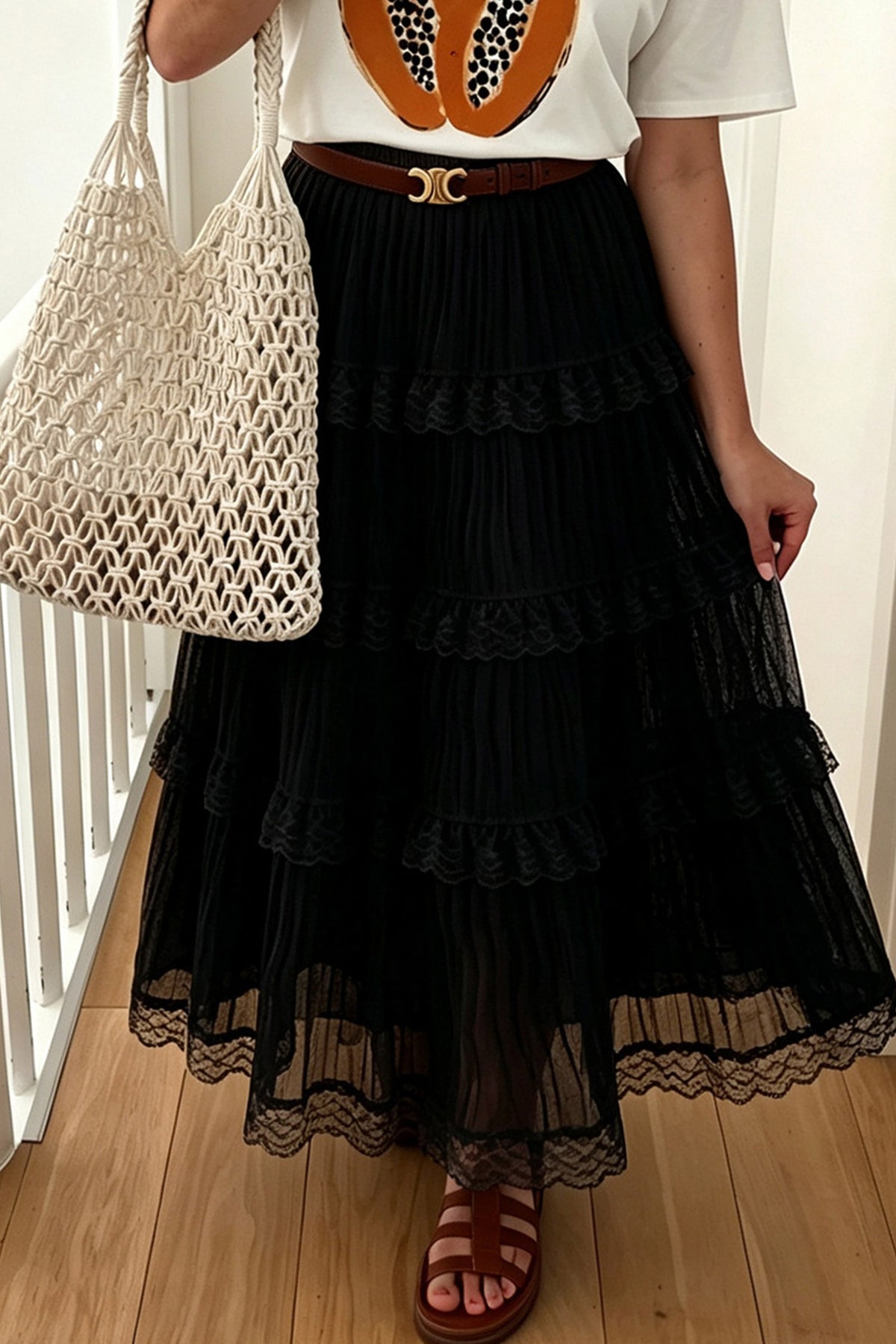 Black Pleated Tiered Lace Trim Maxi Skirt