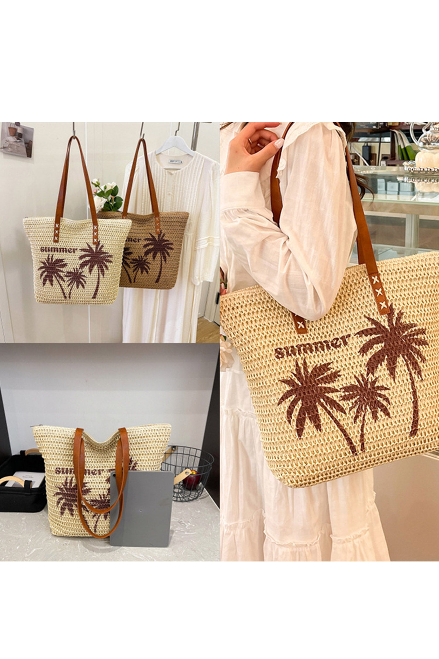 Khaki Straw Woven Summer Palm Tree Print Vacation Tote Bag