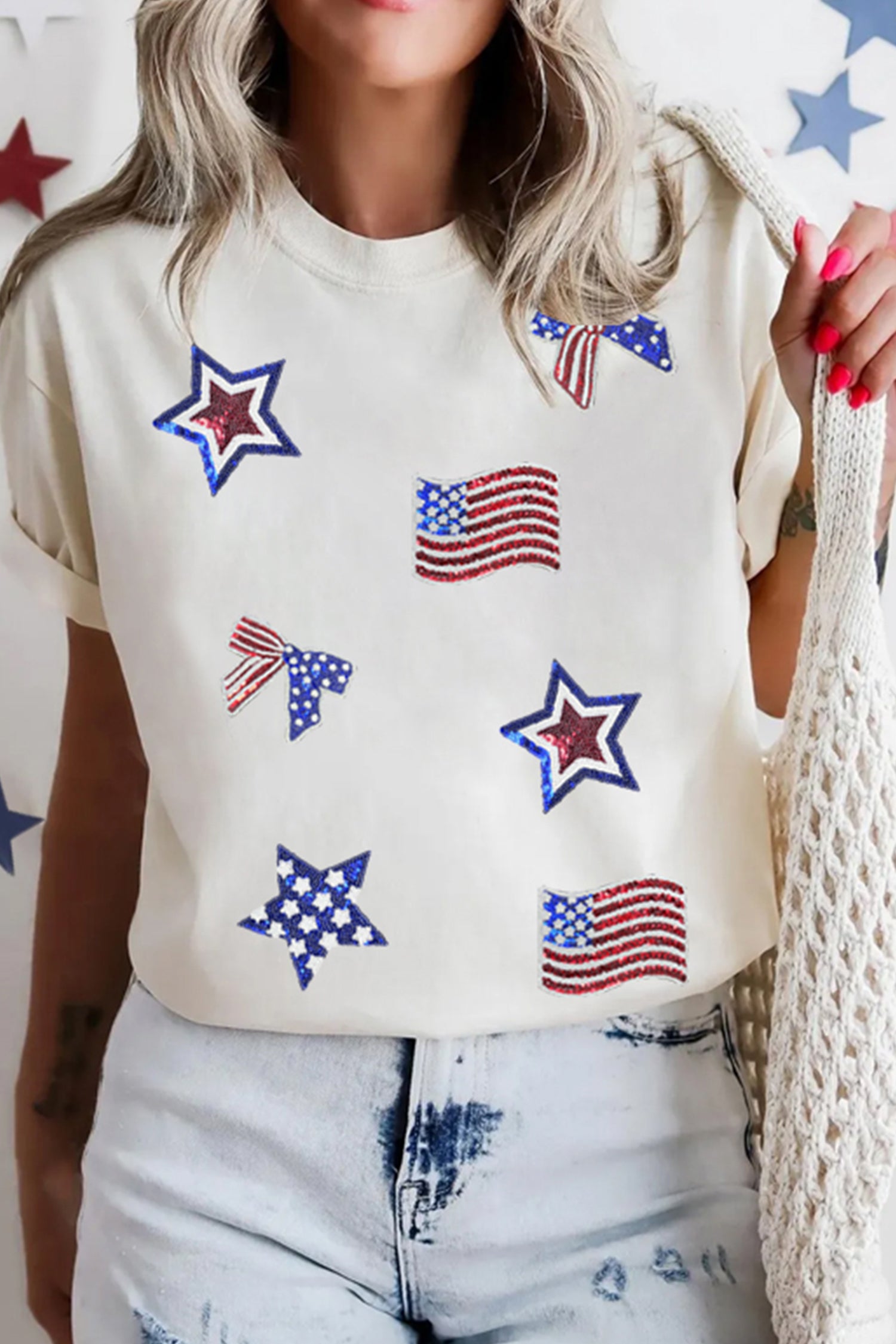 White Sequin Patriotic Elements Patched Round Neck Tee