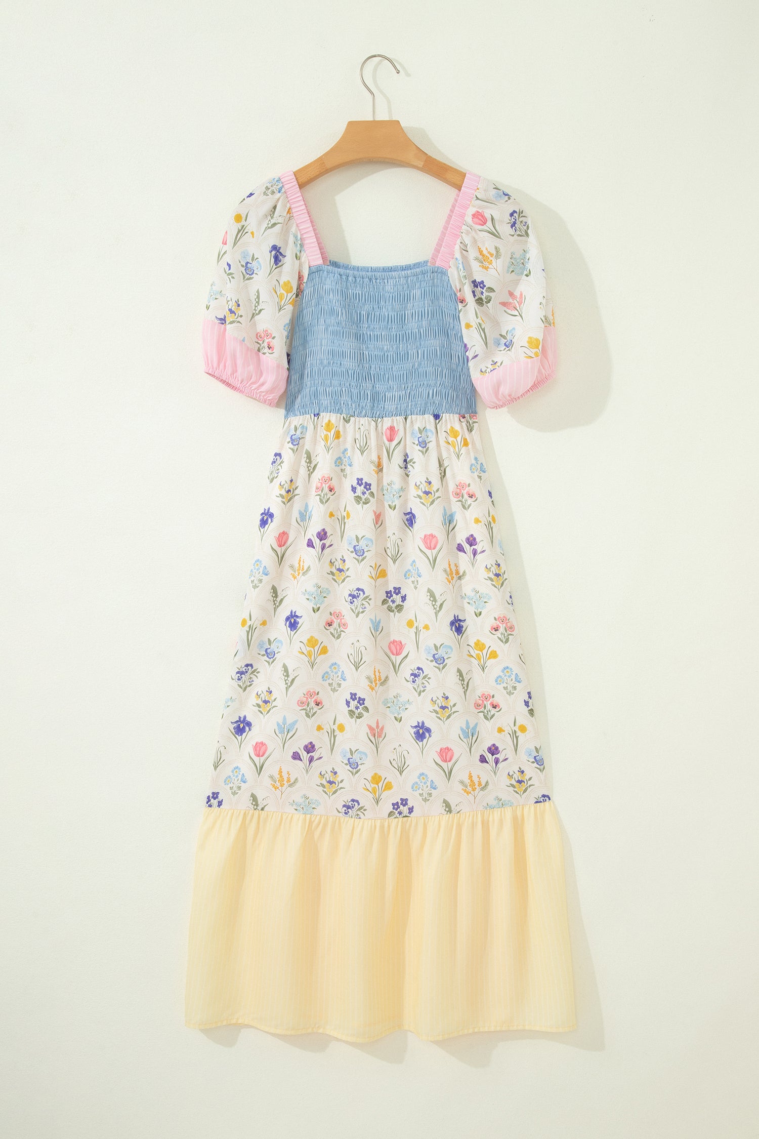 Multicolour Floral Print Striped Color Block Patchwork Square Neck Shirred Long Dress
