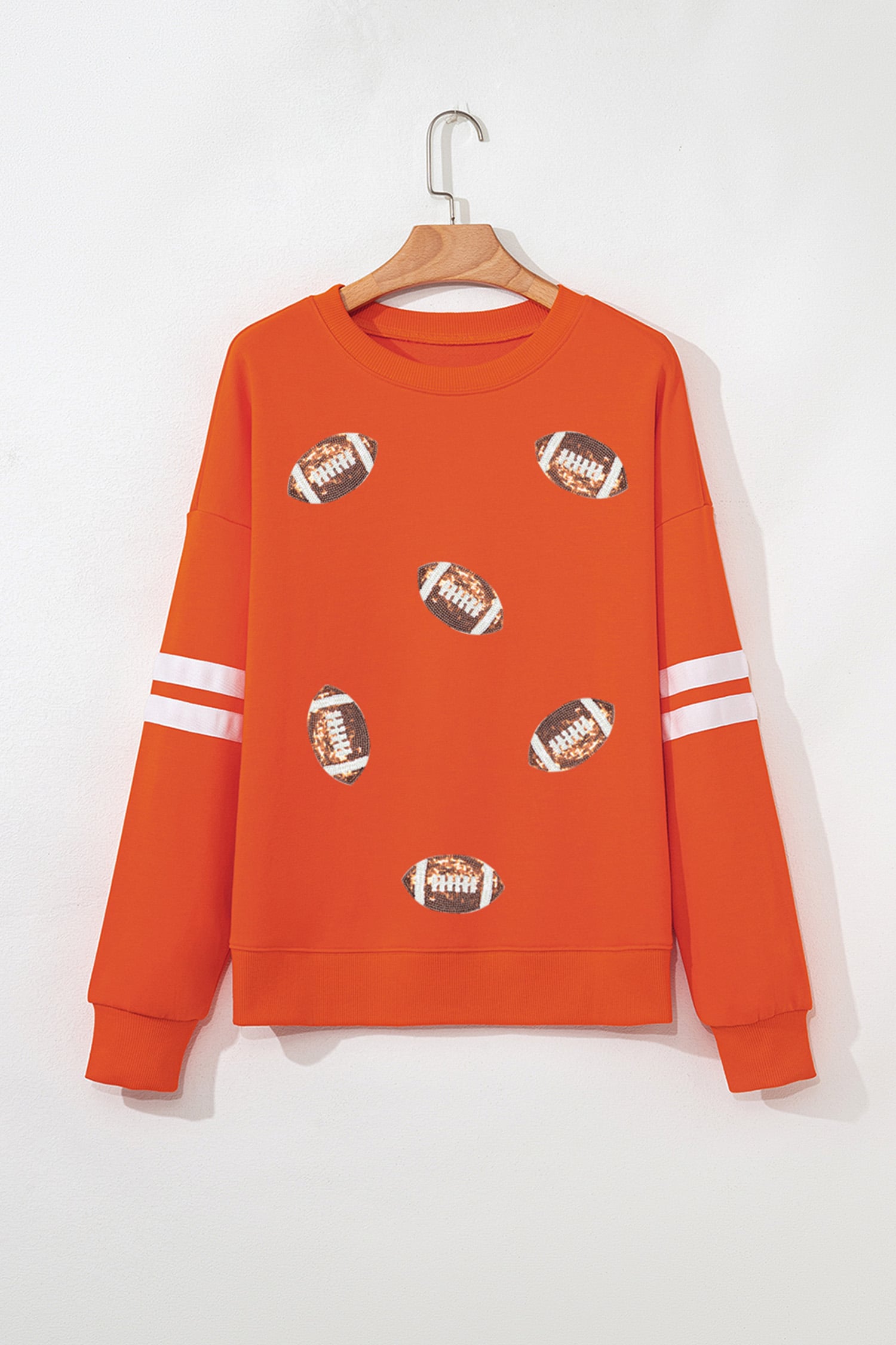 Orange Varsity Striped Detail Sequin Rugby Graphic Pullover Sweatshirt