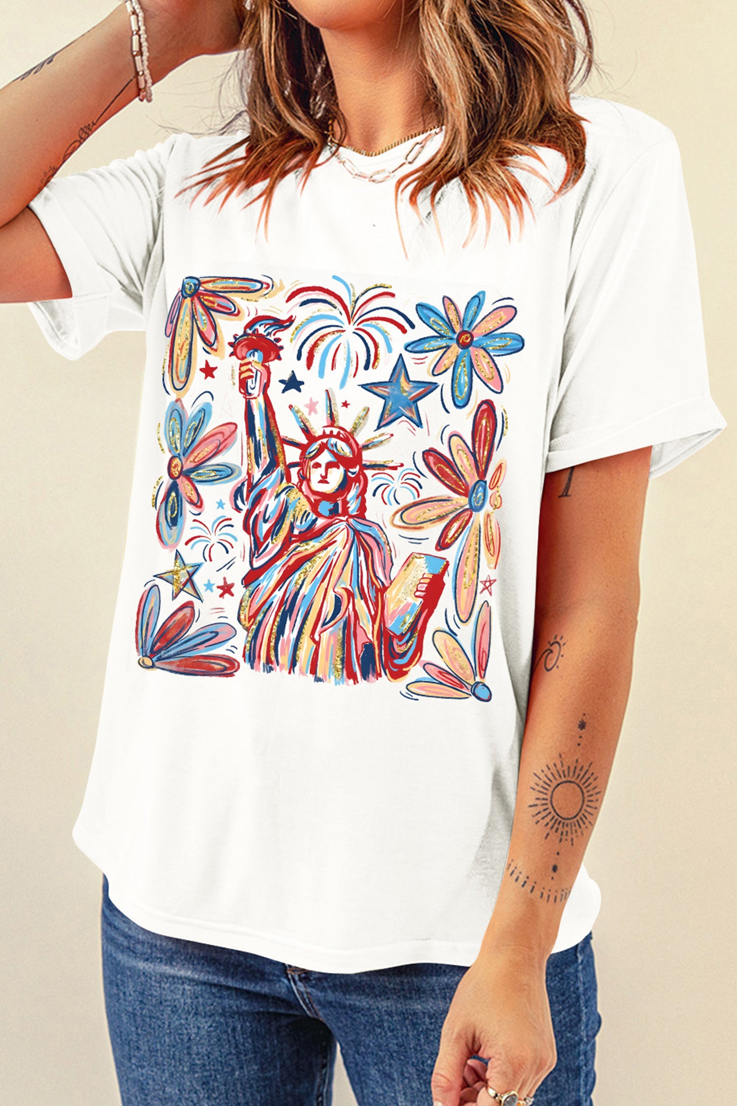 White Patriotic Statue of Liberty Fireworks Printed T Shirt