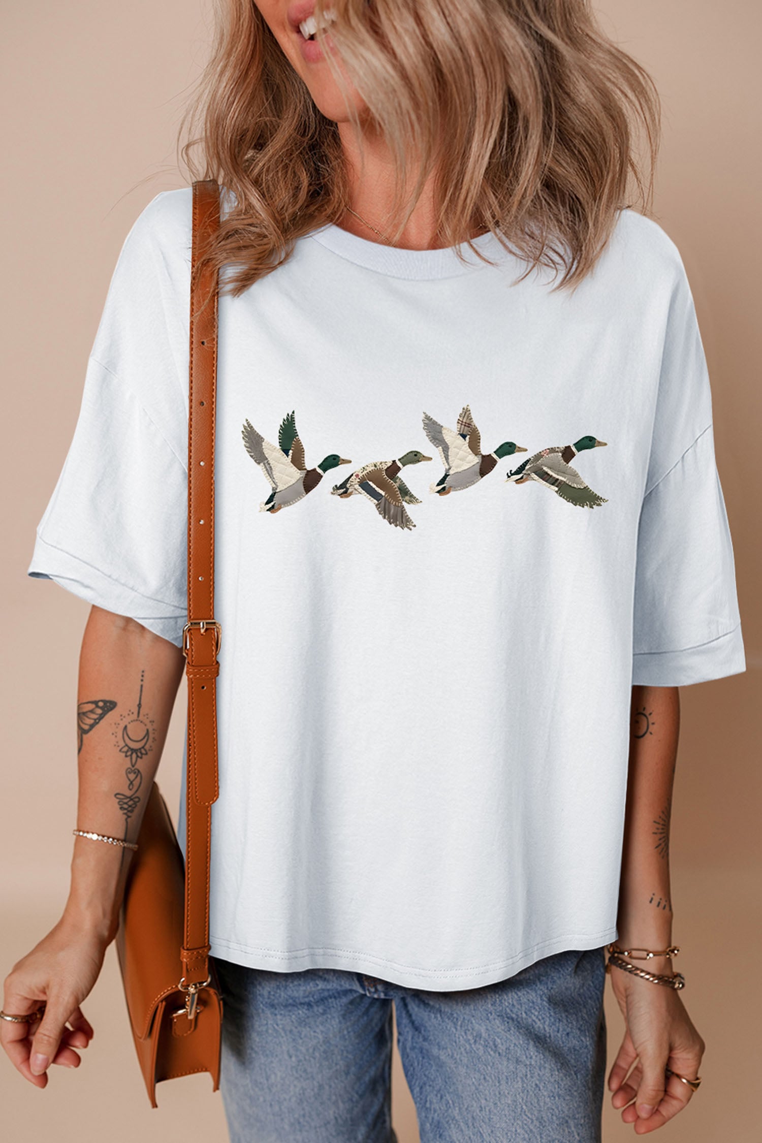 White Flying Mallard Duck Graphic Cuffed Sleeve Oversized Tee