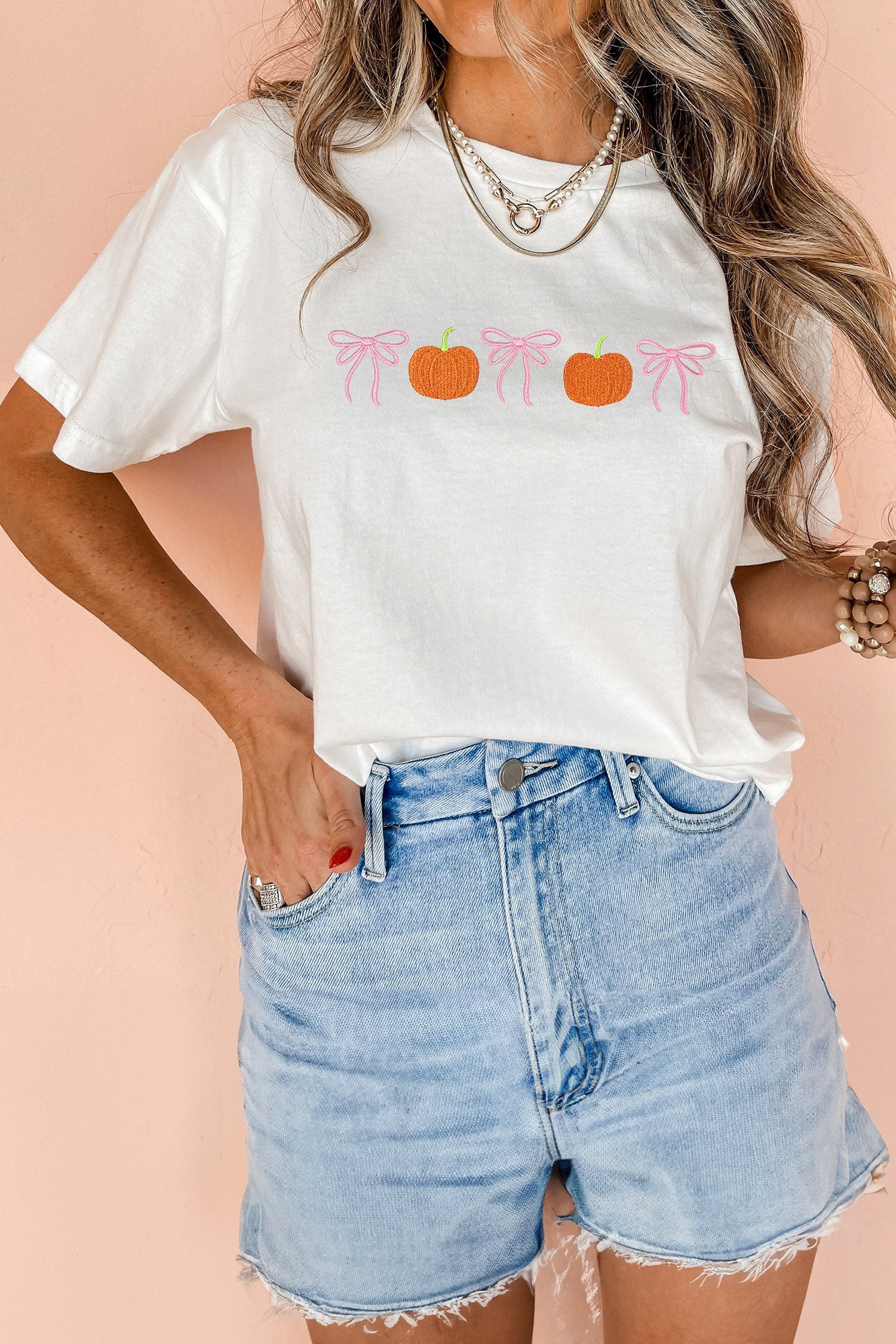 White Embroidered Pumpkin Bow Round Neck Short Sleeve T-Shirt