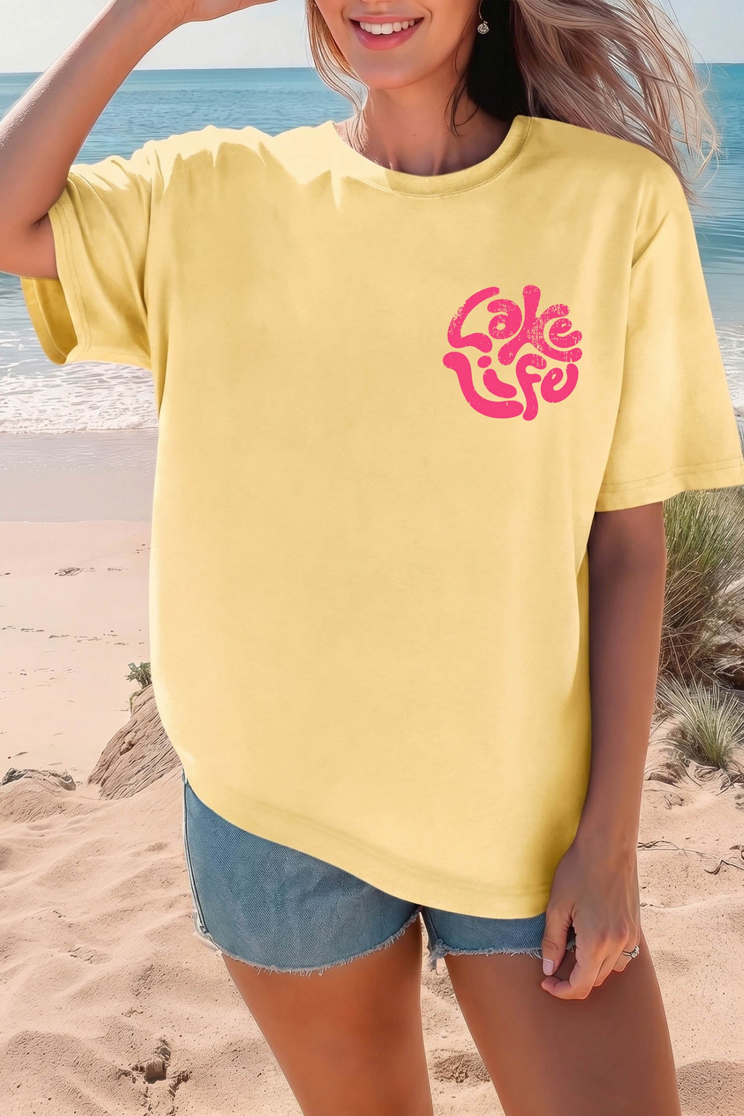 Yellow Cream Casual Round Neck Short Sleeve Slogan Print Loose Fit T-shirt