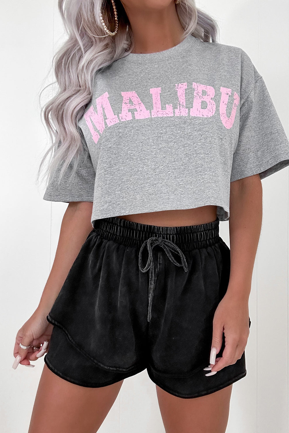 Black Mineral Wash French Terry Drawstring Elastic Waistband Casual Shorts
