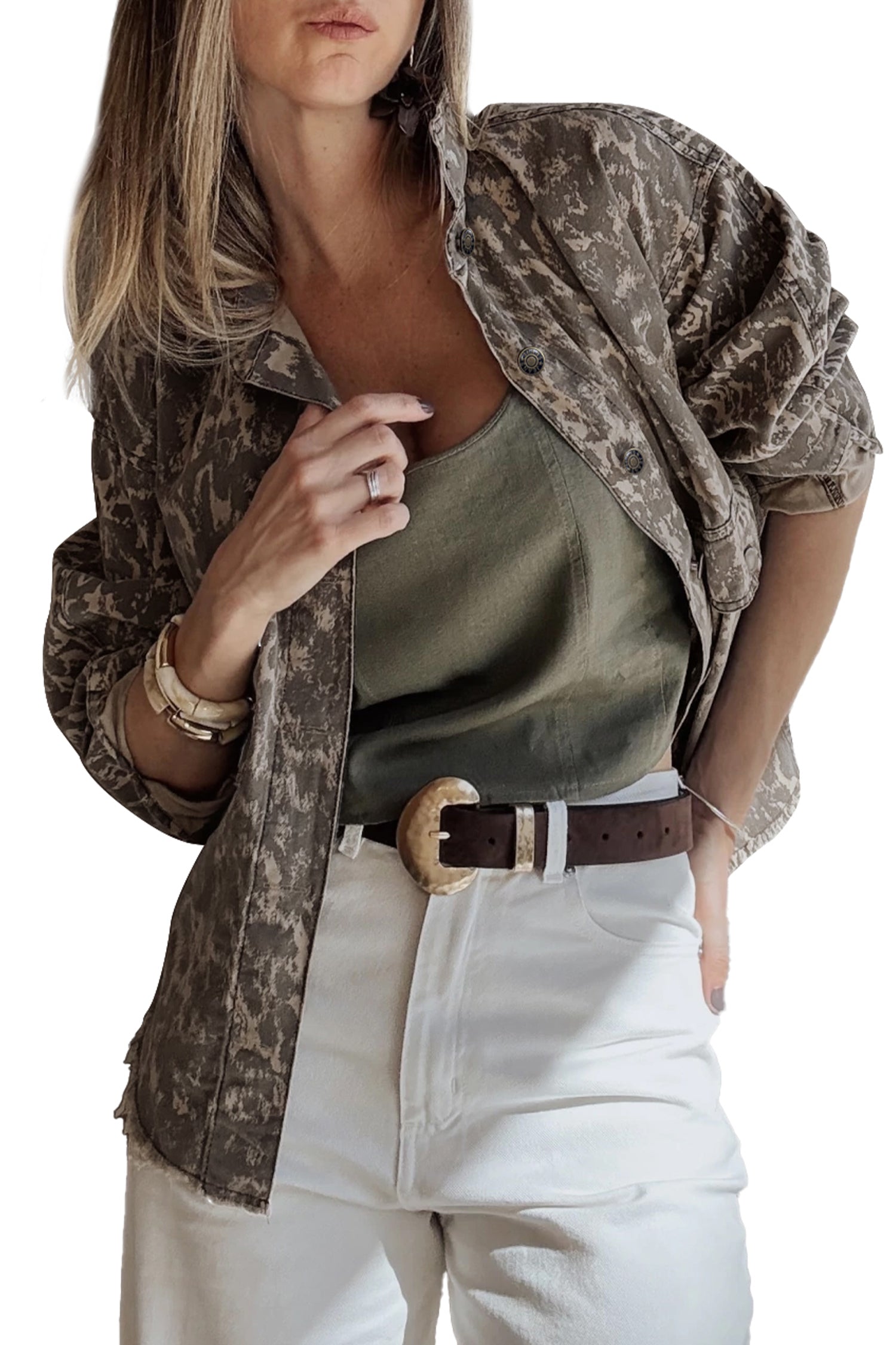Khaki Abstract Print Long Sleeve Collar Raw Hem Denim Jacket