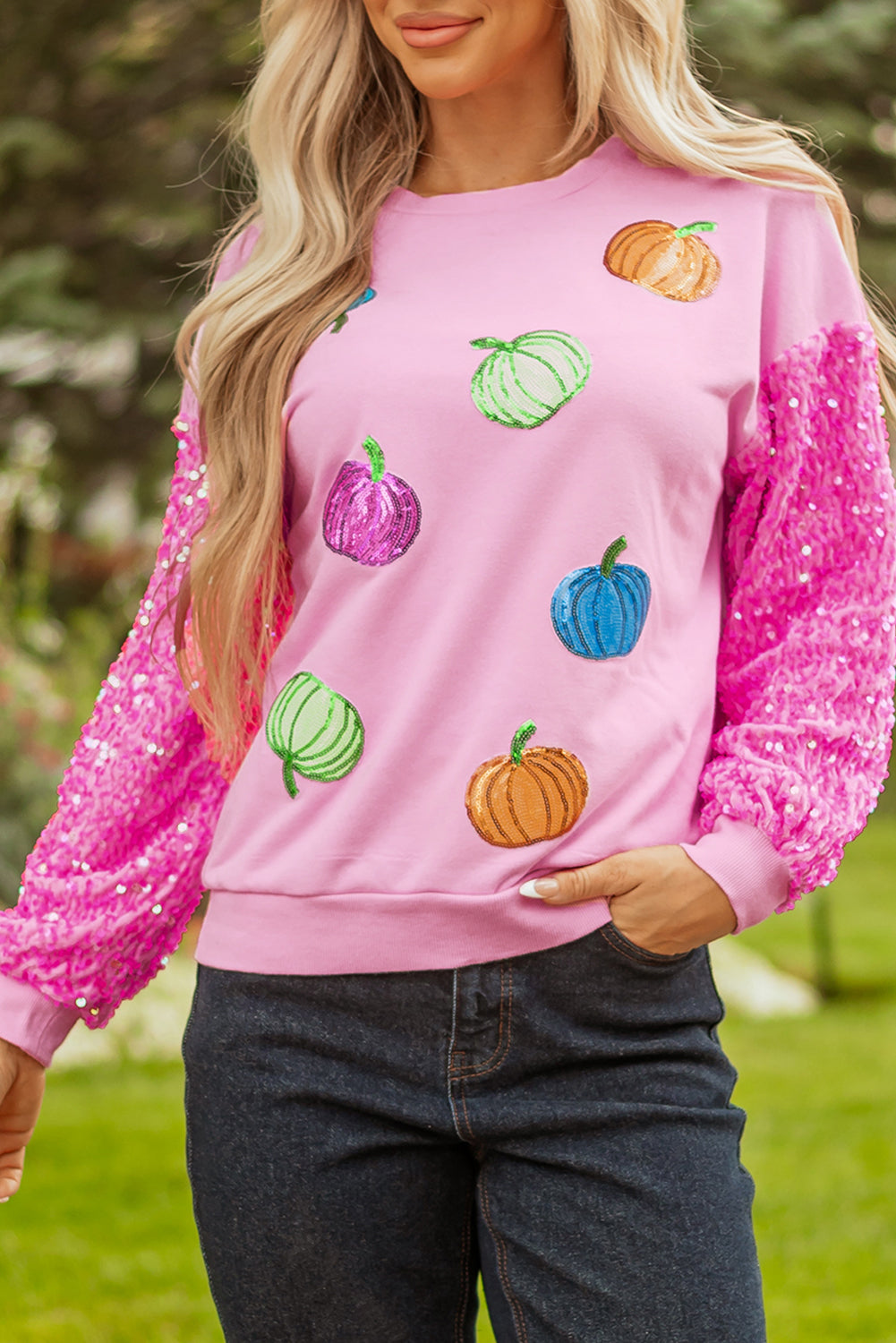 Pink Sequin Sleeve Pumpkin Pattern Thanksgiving Halloween Patchwork Pullover Top