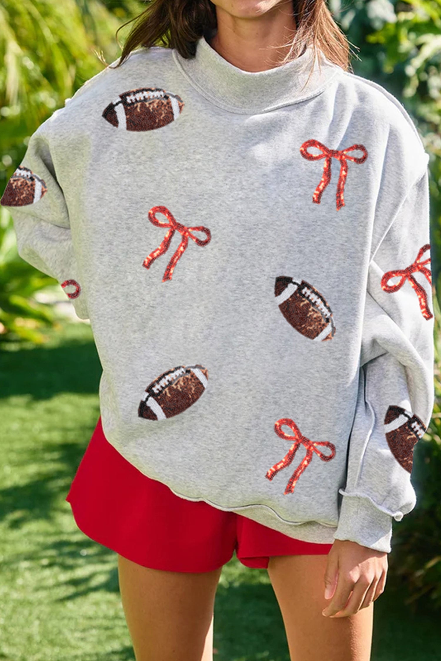 Light Grey Sequin Rugby Bow Graphic Mock Neck Relaxed Pullover Sweatshirt